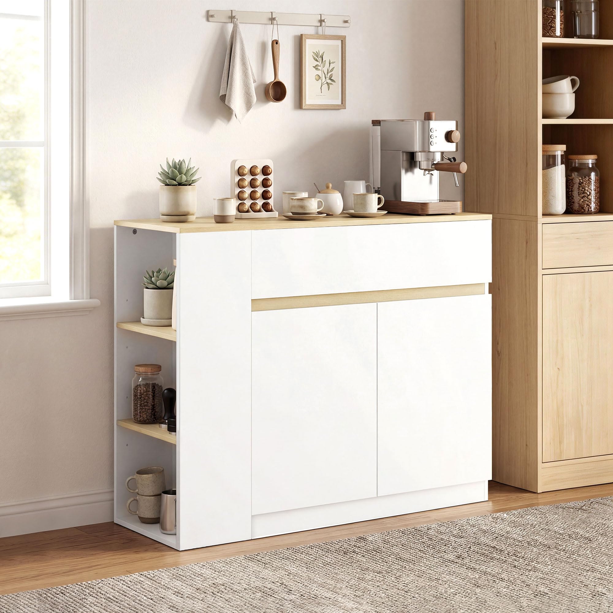 HOMCOM Buffet, Meuble de Rangement, avec Placard 2 Portes, étagère réglable, 2 tiroirs, 3 étagères Ouvertes, 110 x 29,5 x 82 cm, pour Salle à Manger, Salon, Cuisine, Blanc