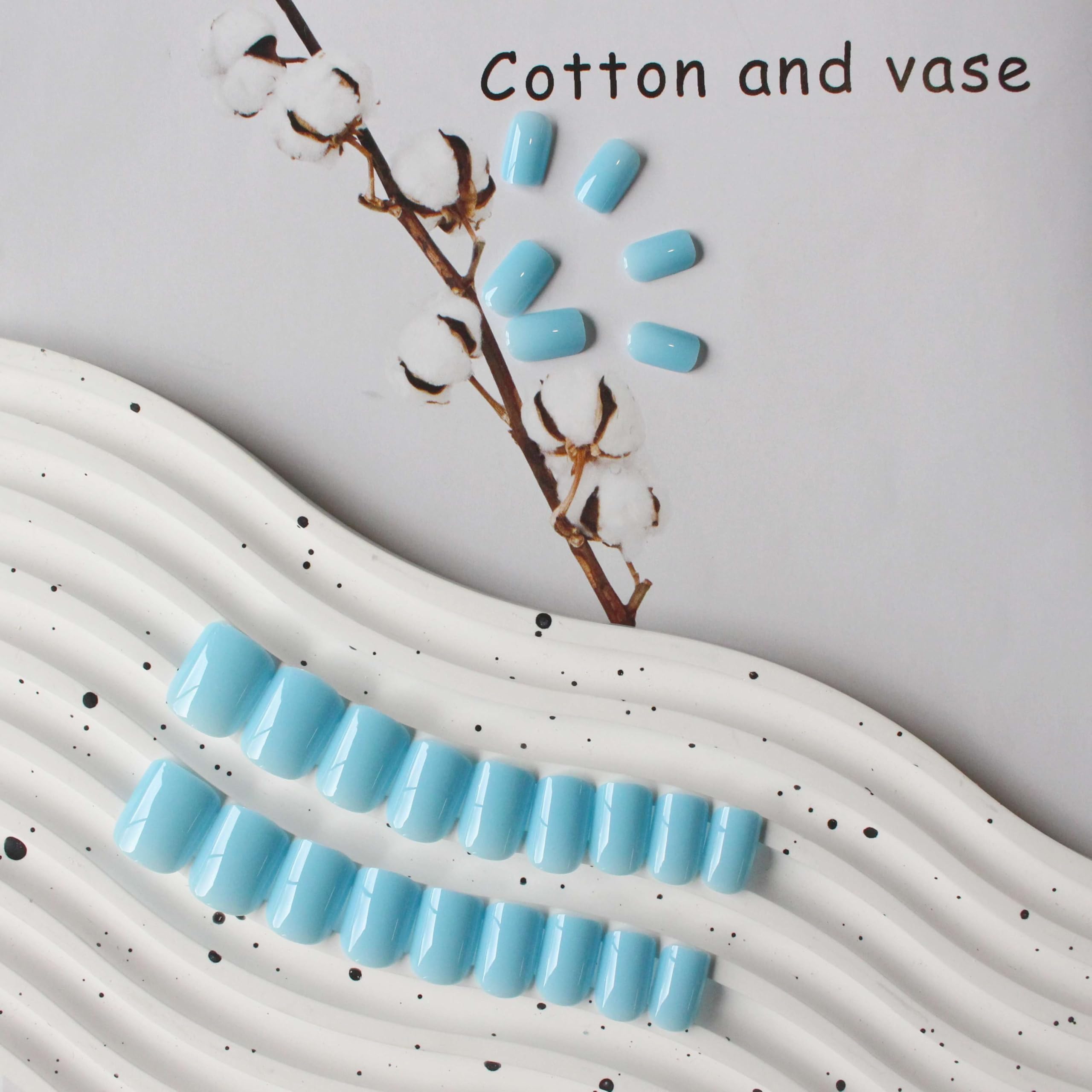 SXVME Light Blue Press on Nails Short Square Acrylic Short False Nails Coffin Natural Acrylic Fake Nails Set Elegant Solid Color Full Cover Glossy Gel Stick on Nail for Women Daily Wear 24 Pcs - Image 4