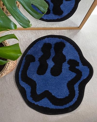 Miniatura 6 de ELDONE Trippy - Tapete de baño de cara feliz azul, alfombras geniales para dormitorio, alfombra de preparación, alfombra hippie antideslizante,