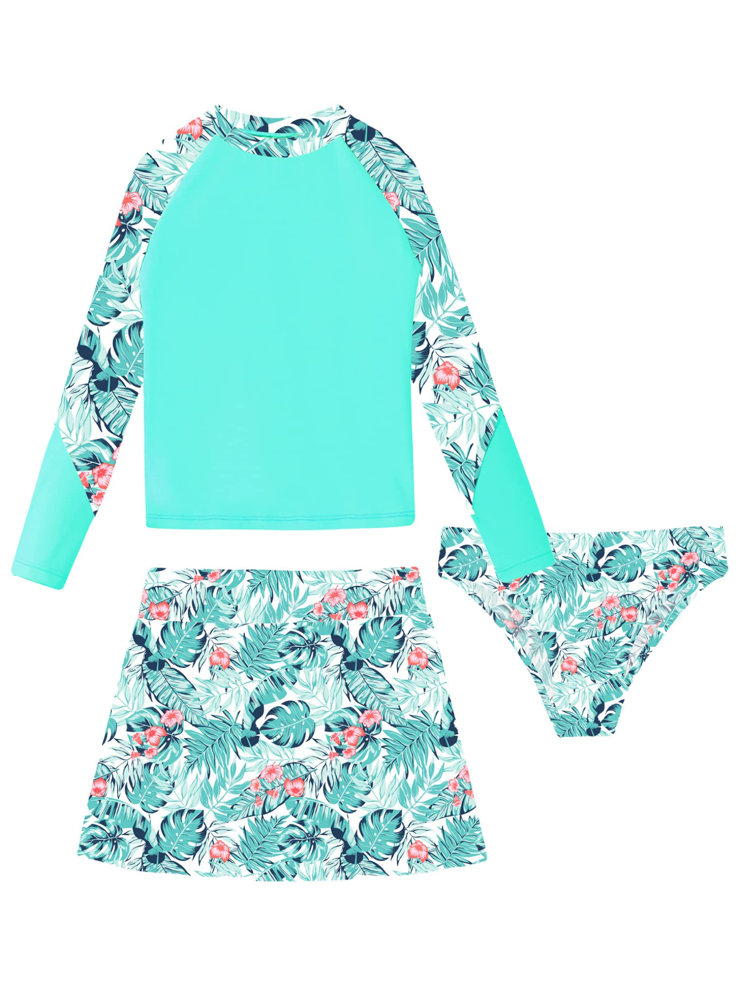 Kaerm Girls UPF 50+ Rashguard Set Hawaiian Beachwear Long Sleeve Bikini Set with Swim Dress Teal 6 Years