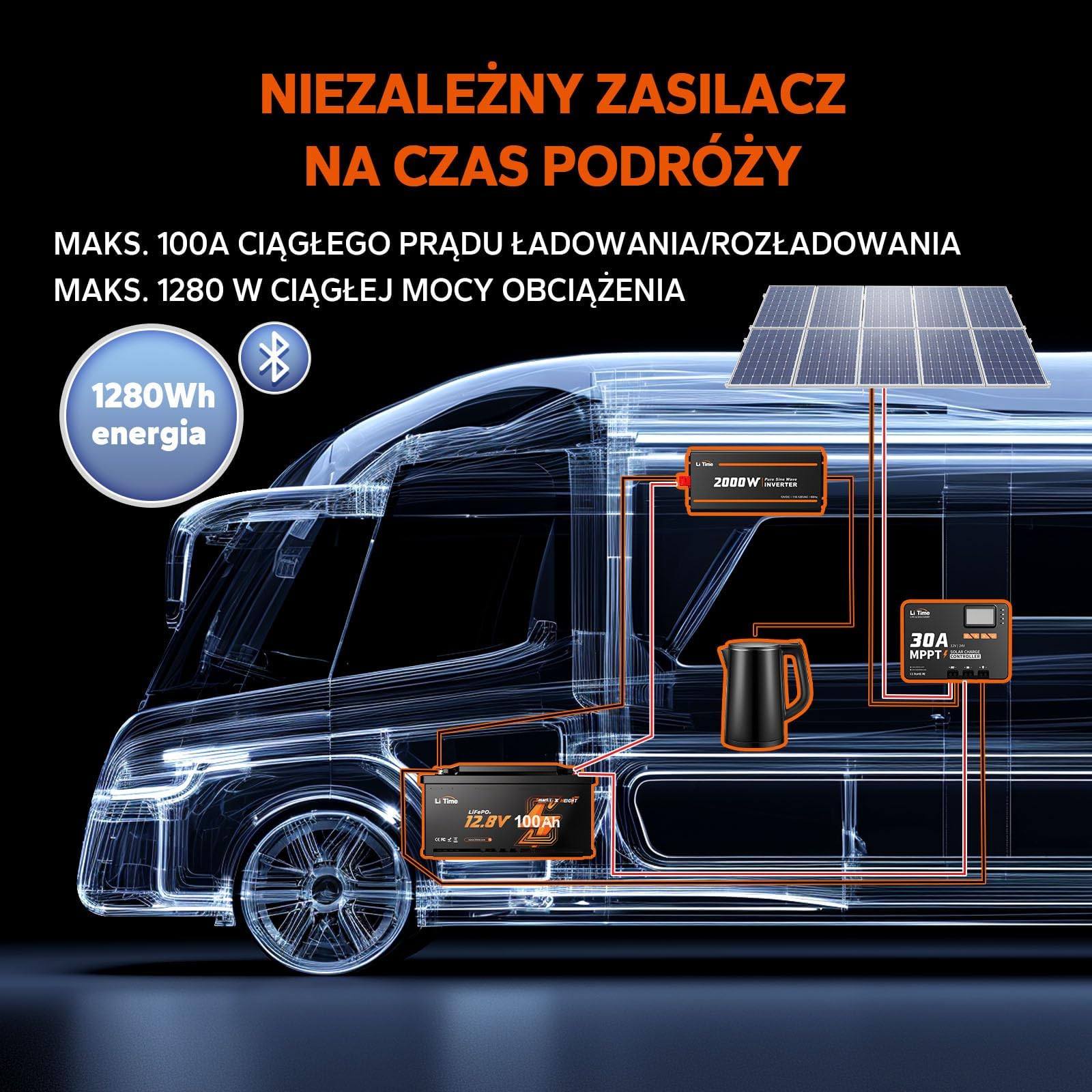 LiTime 12V 100Ah H190 Akumulator LiFePO4, Bateria Lifepo4 DIN H8 L5 Rozmiar z Inteligentnym 100A BMS i Bluetooth, Ochrona przed Niskimi Temperaturami, 4000+ Cykli, Zamiennik Kwasu Ołowiowego Kamperów