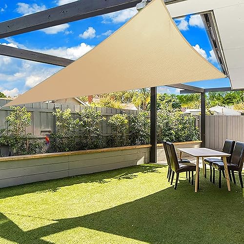 SUNNY MOOD Toldo triangular beige de 12 x 12 x 12 pies, para patio, para exteriores, bloque UV, tamaño aceptado