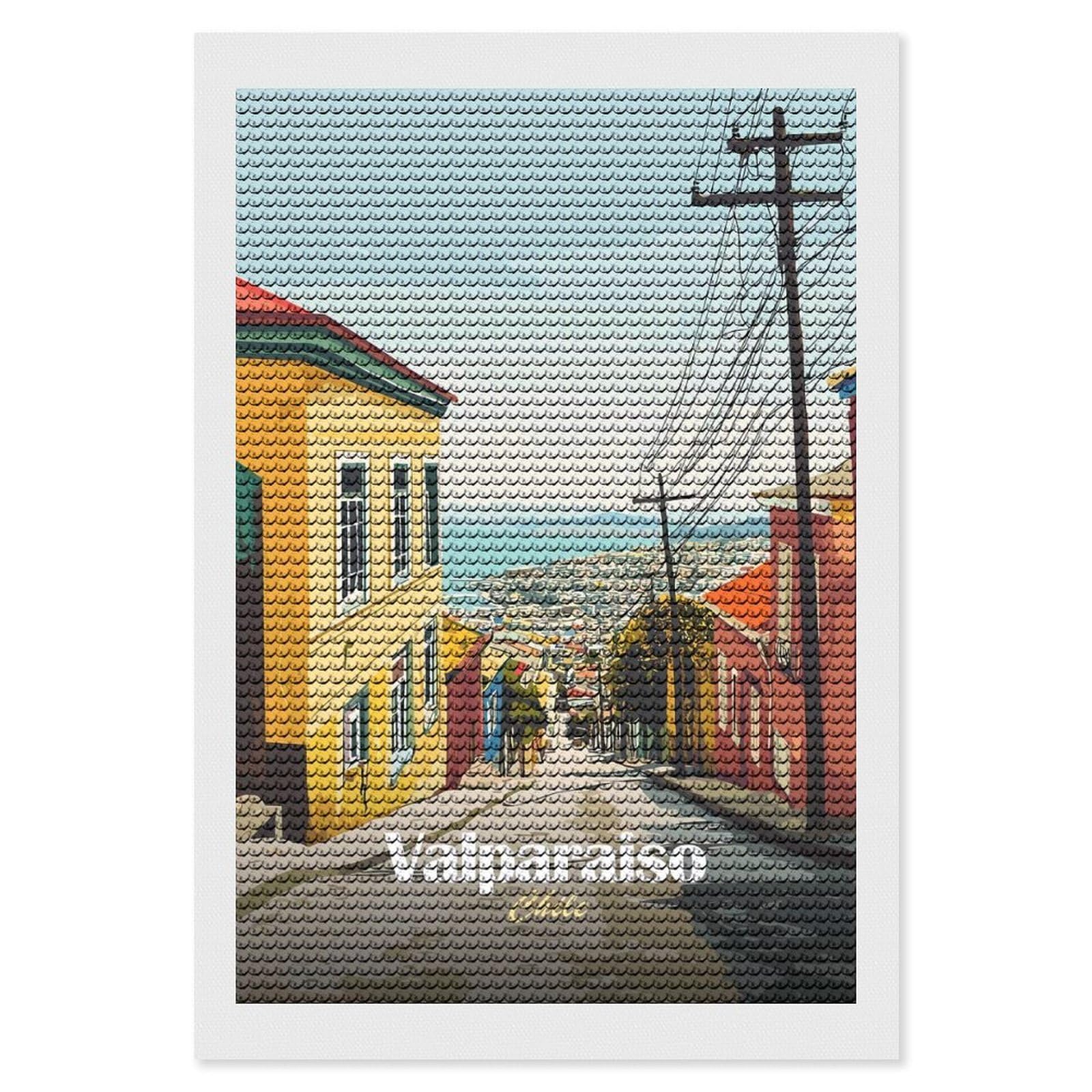 Junmoney Valparaiso, Chile Street View Full Drill Diamond Painting Kit 8"x12", for Teens, Adhesive Canvas, Bedroom Decor, Holiday Gift Idea