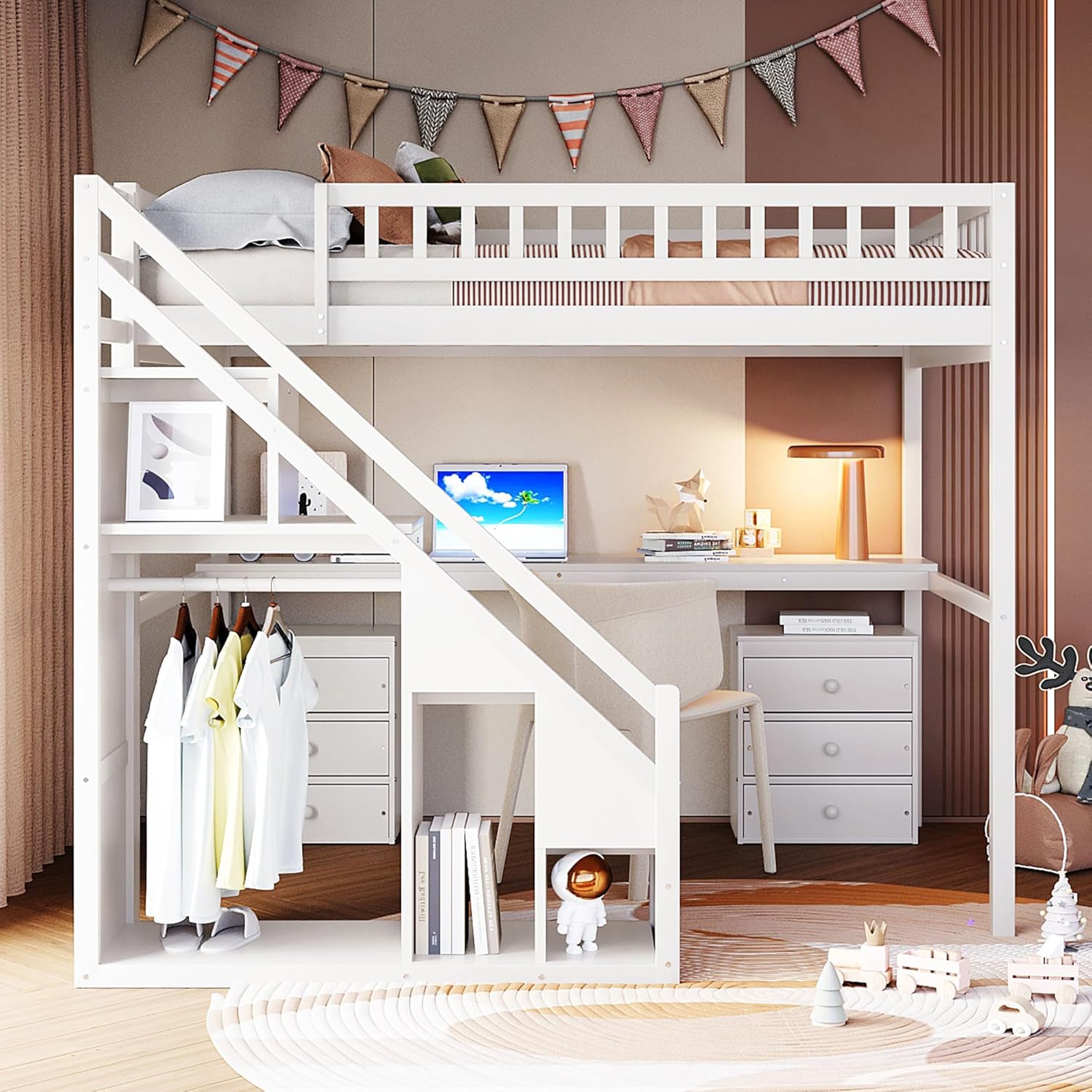 (Incomplete)Merax Full Size Wood Loft Bed with Stairs, Built-in Desk, 2 Storage Drawers & Lights, Space Saving Bed for Teens, Adults, Study Loft Bed with Underbed Storage, White Full White