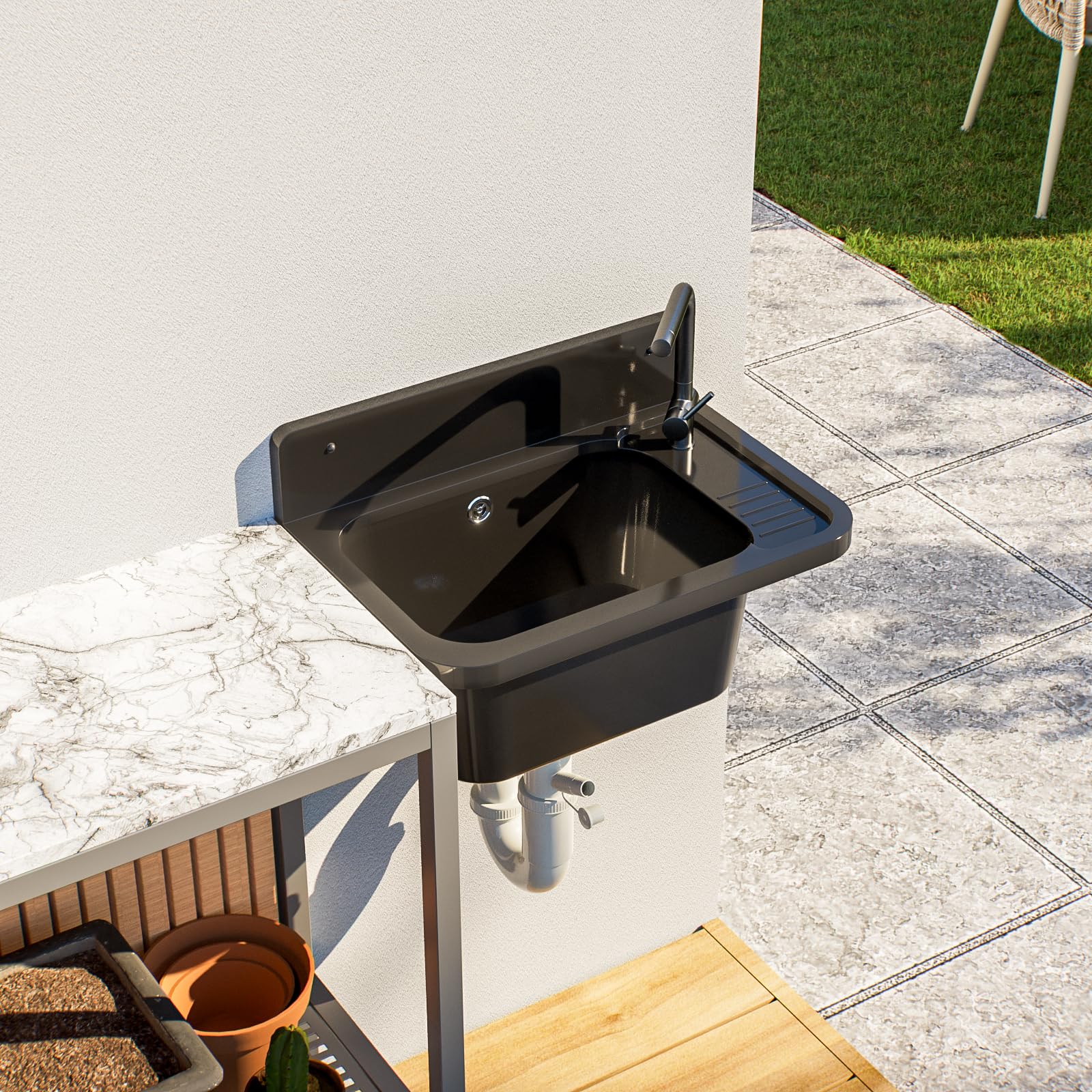Ausgussbecken Waschbecken Spülbecken Waschpüle Waschtrog draußen Garten Garage Keller Werkstatt Schwarz