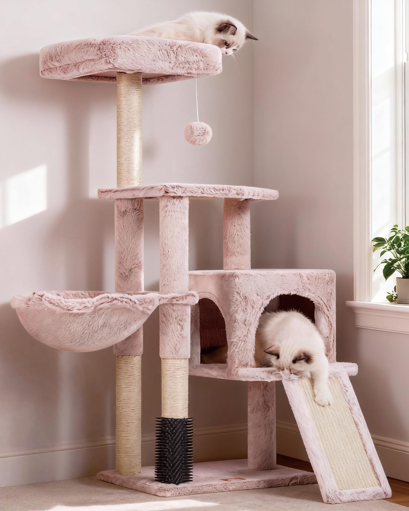 Heybly Albero Per Gatti, Il Pennello di Autocurazione, l'Albero per Gatto Domestici, con Peluche Lisce, Poltrona di Riposo, Nido per Gatti e Paletti per Graffiare, Beige Marrone HCT005SMU