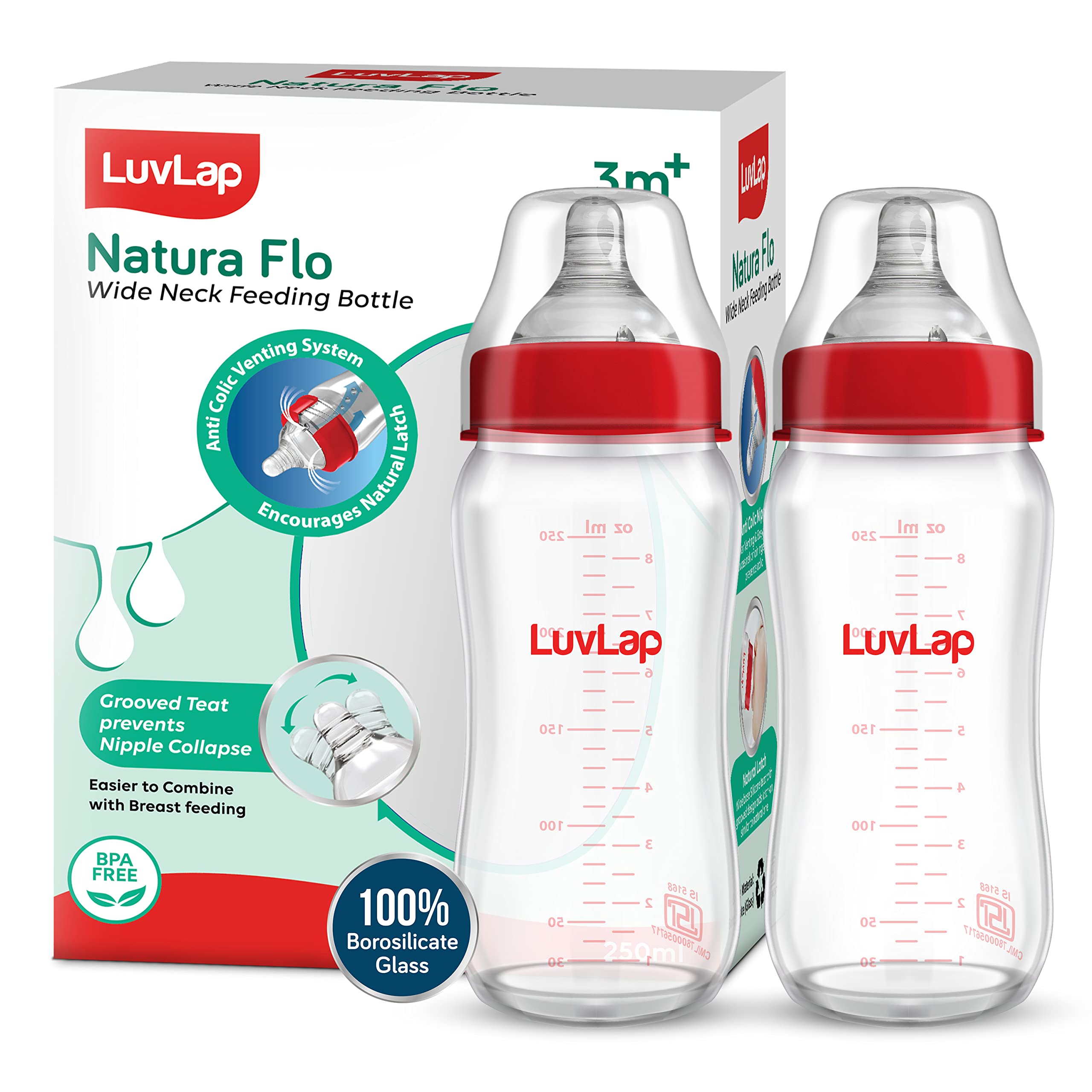Luv LapNatura Flo Wide Neck Glass Feeding Bottle, New Born/Infants/Toddler Upto 3 Years, BPA Free, Ergonomic Shape is Easy to Hold, with Anti Colic, Pack of 2, 250ml