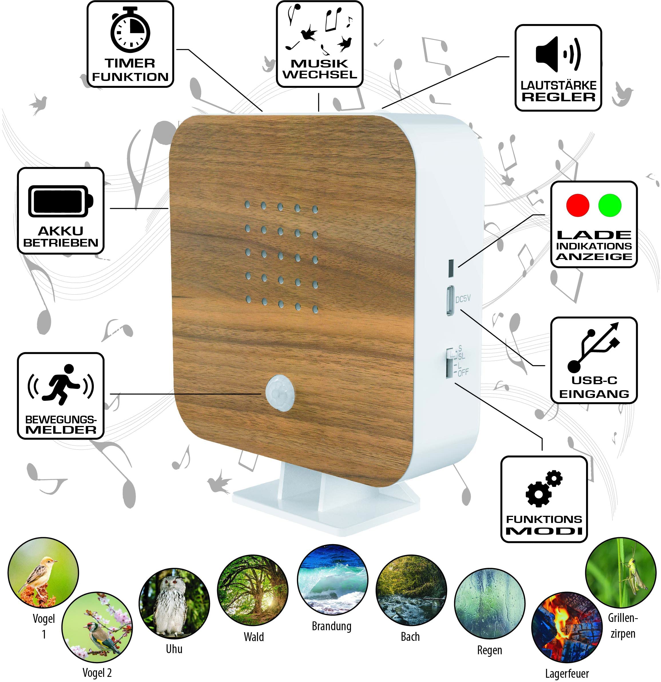 Northpoint Naturaleza Soundbox - Caja de sonido para pájaros, detector de movimiento, luz recargable con soporte de pared, haya cuadrada