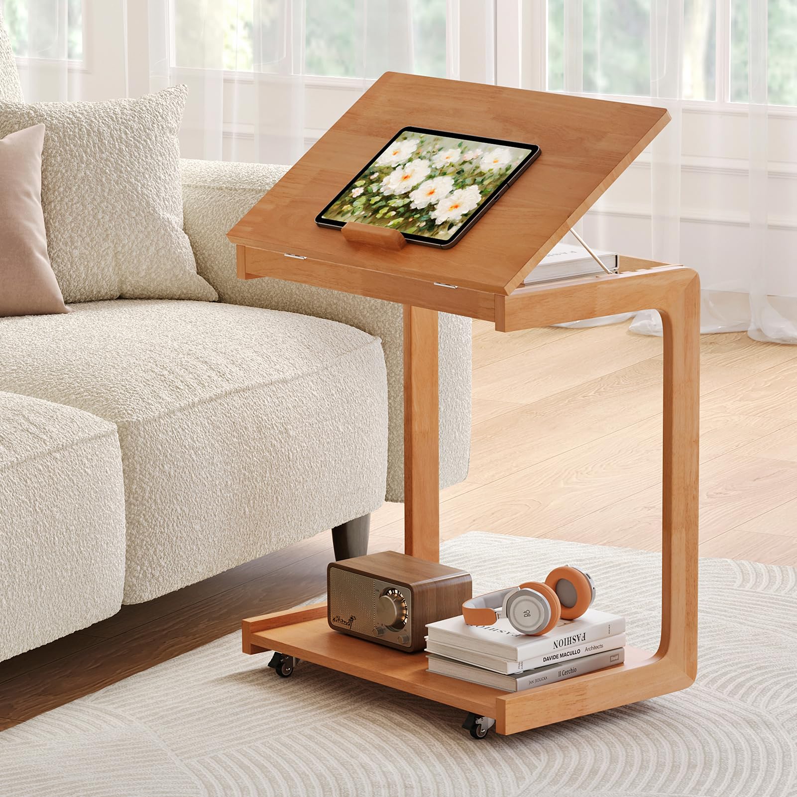 Uniclinens Rolling Side Table Desk Sofa - C Shape Couch End Table with Wheels, Mobile Wooden Slim Sofa Tray, Movable Small Couch Desk for Living Room Bedroom, Cherry
