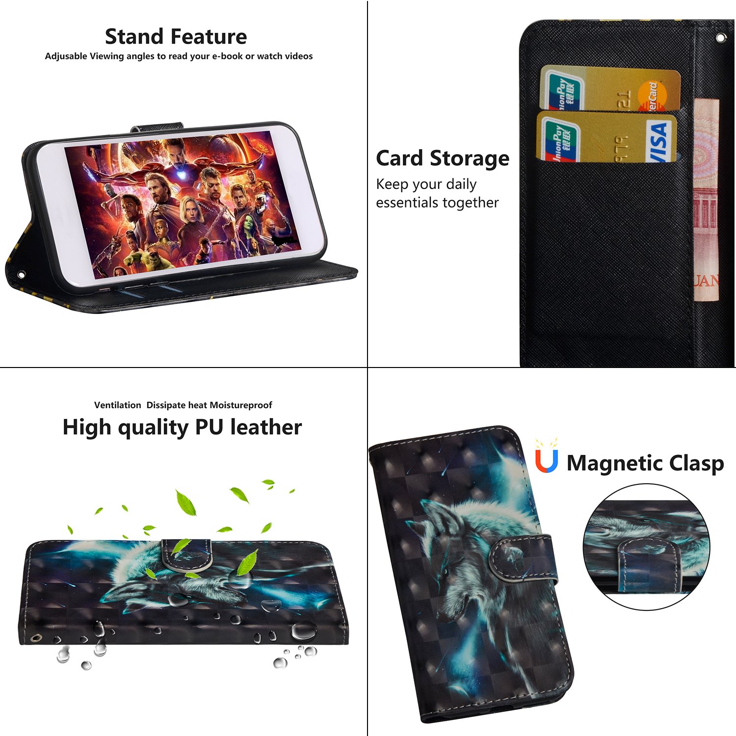 Custodia Redmi Note 9 Pro Cover Portafoglio,Redmi Note 9 Pro Custodia Pittura colorata PU Leather Cerniera Wallet con 6 slot per schede Magnetica Flip Portafoglio Cover,BFL Tow Hudie