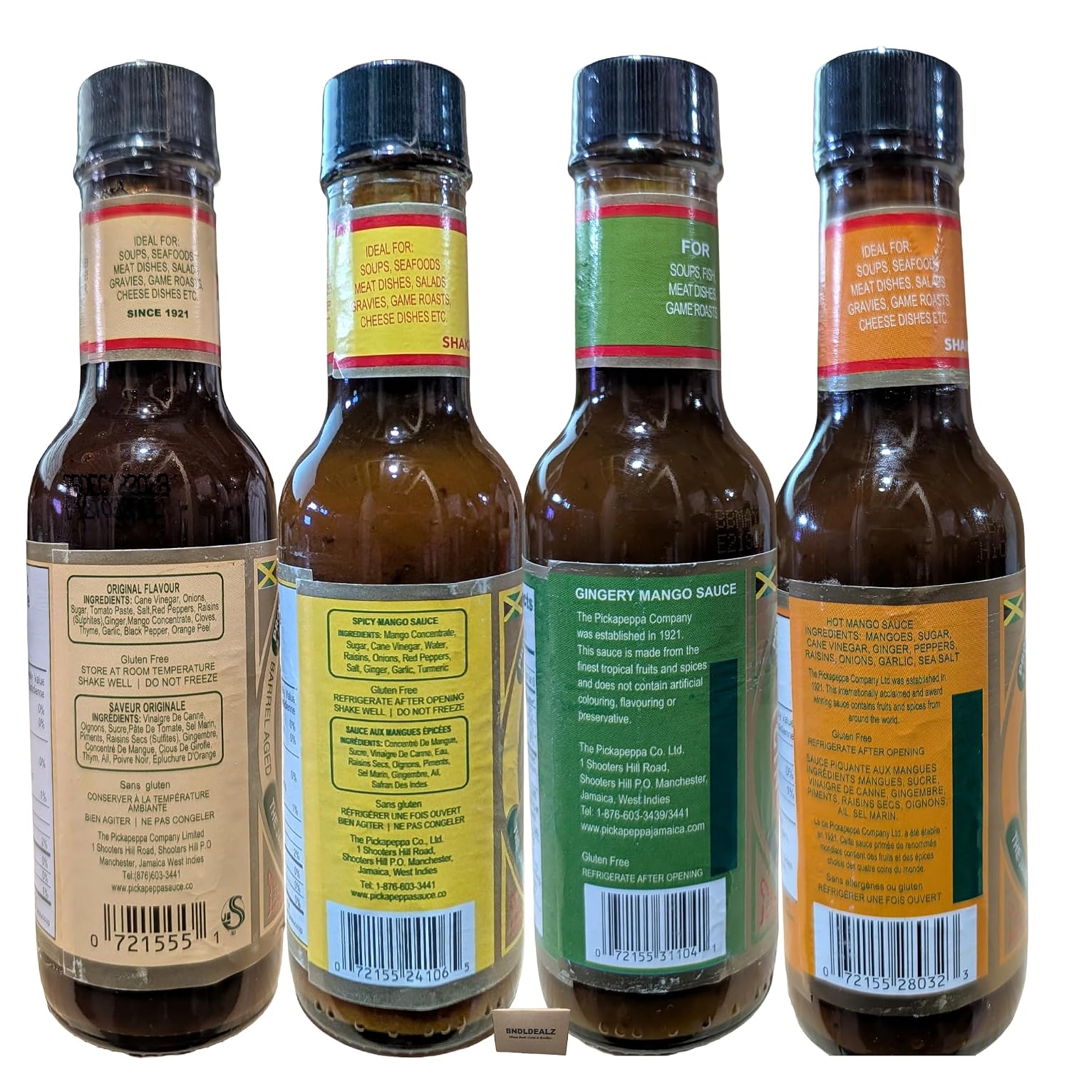 BNDLDEALZ Pickapeppa Sauce Variety 4 Pack Bundle (5oz Each) – Featuring Pickapeppa Jamaican Sauces (Original, Spicy, Gingery Mango & Hot Mango), Caribbean Marinade & Condiment Set for Chicken, Fish & Meat | Product of Jamaica