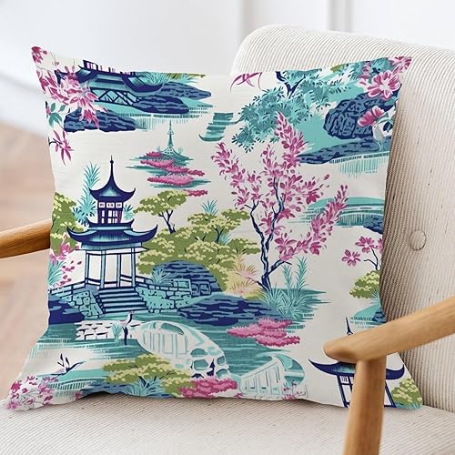 Miniatura 3 de ArogGeld Funda de cojín decorativa con diseño de pagoda azul y rosa coral para sofá, diseño de pagoda asiática, verde azulado y turquesa, estilo