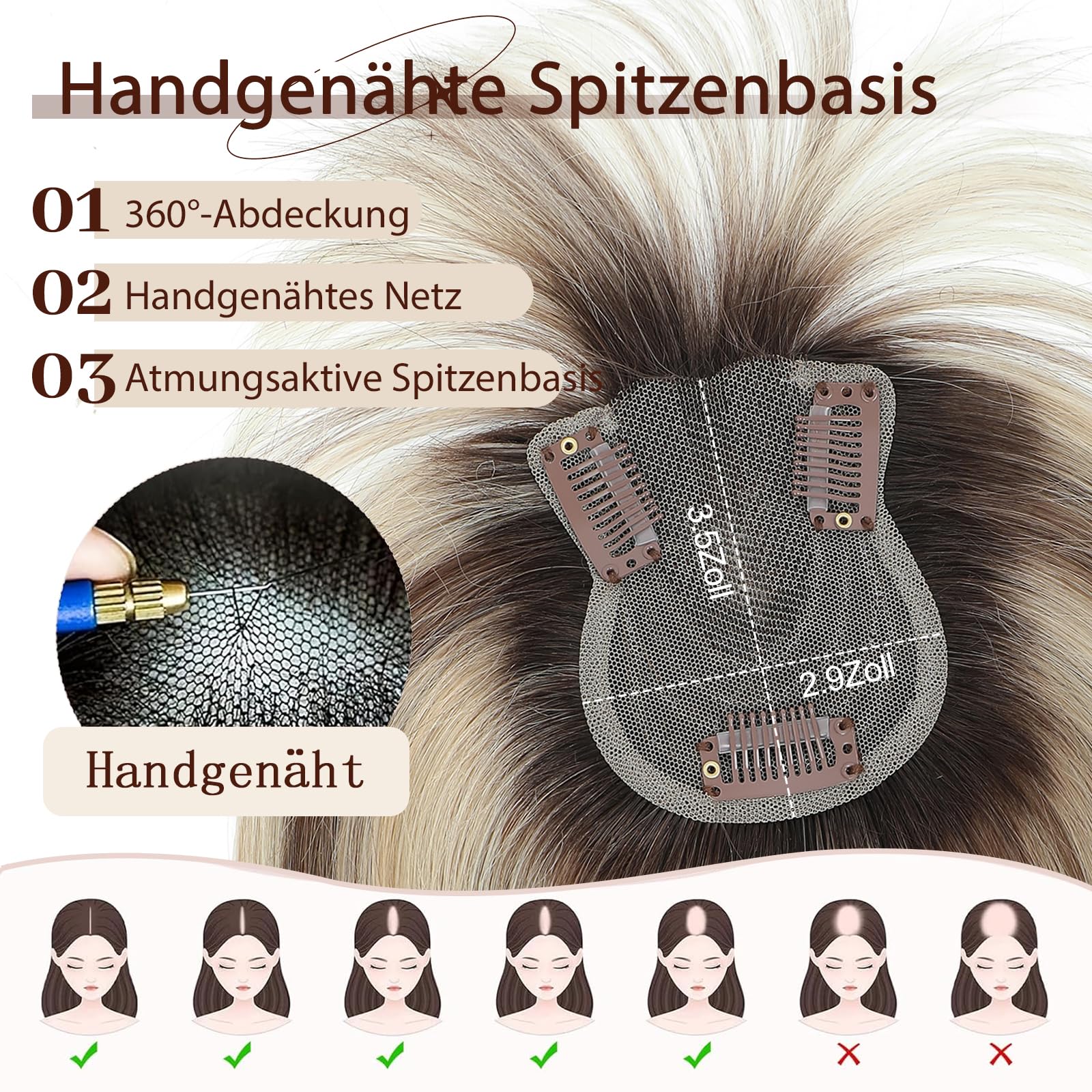 Echthaar-Topper für Frauen, Natürliche Echthaar Haarteile bei dünnem Haar, Damen Topper mit Pony, 10 Zoll zur Abdeckung grauer Haarpartien (Ombre Light Brown with Blond Highlight)