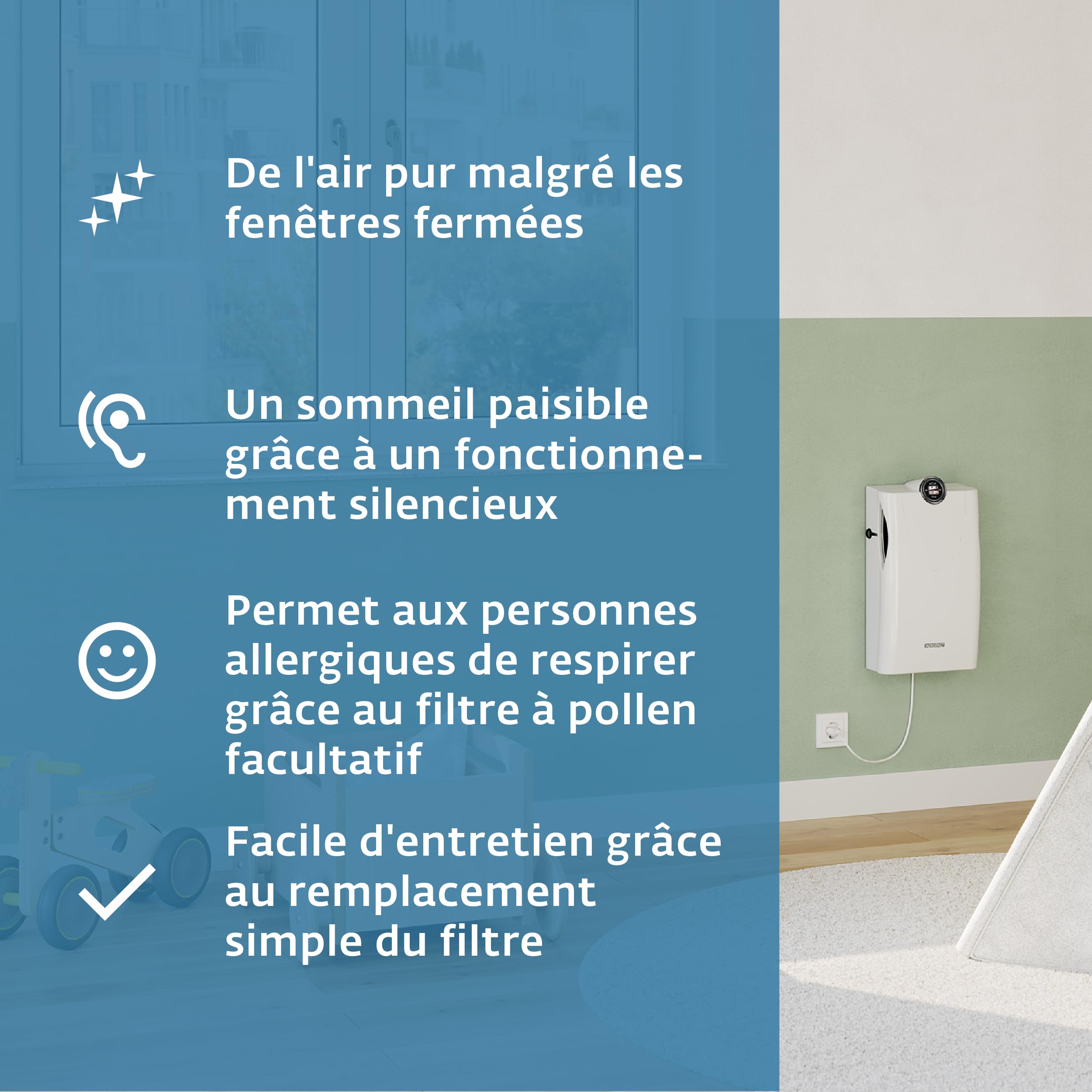 SIEGENIA AEROPAC IE : aérateur mural silencieux & économique en énergie, puissant débit d'air 160 m³/h, isolation phonique, technologie de filtration ingénieuse & régulation CO₂