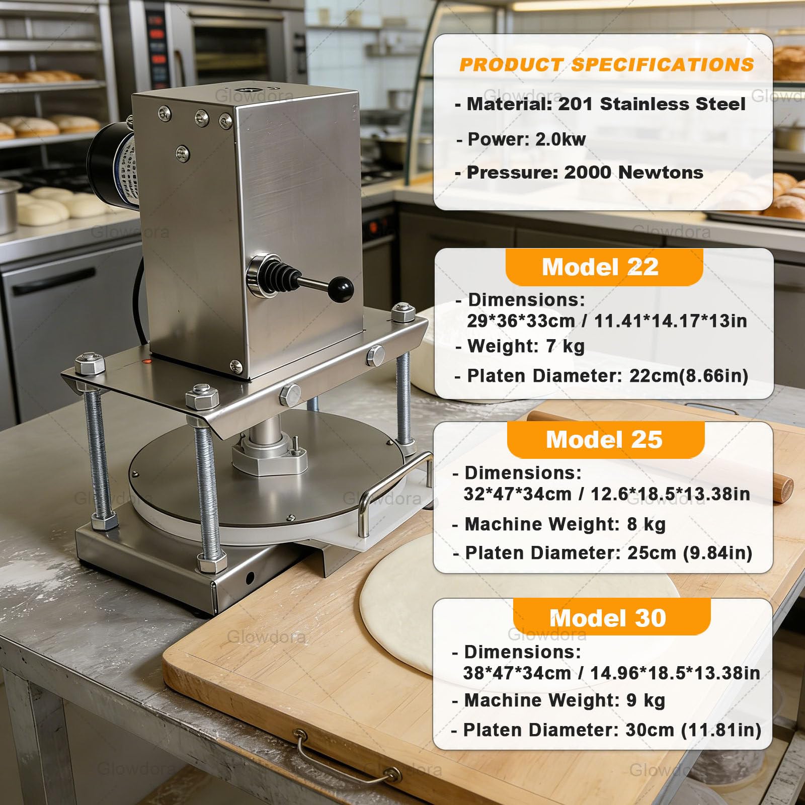 Presse À Pizza Professionnelle, 22 Cm / 25 Cm / 30 Cm De Diamètre, Machine À Pâte Électrique, Laminoir À Tortillas, Presse pour Pizzas, Tartes, Tortillas Et Pâtisseries. 30cm/11.81in