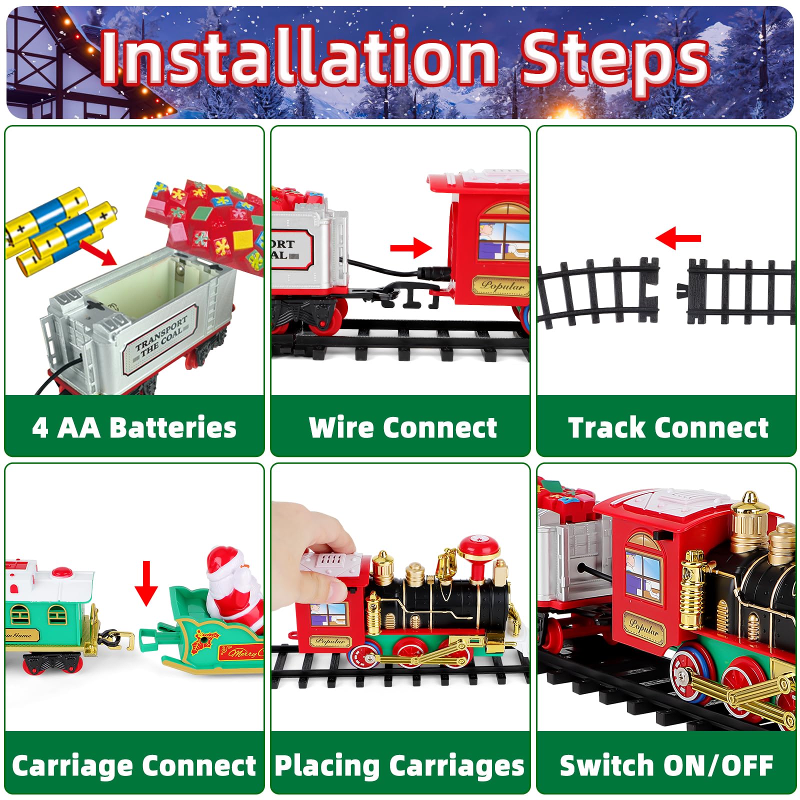 DeAO – Train électrique De Noël Avec Lumières, Sons, 4 Wagons Et 12 Rails, Circuit Modulable Pour Enfants Dès 3 Ans