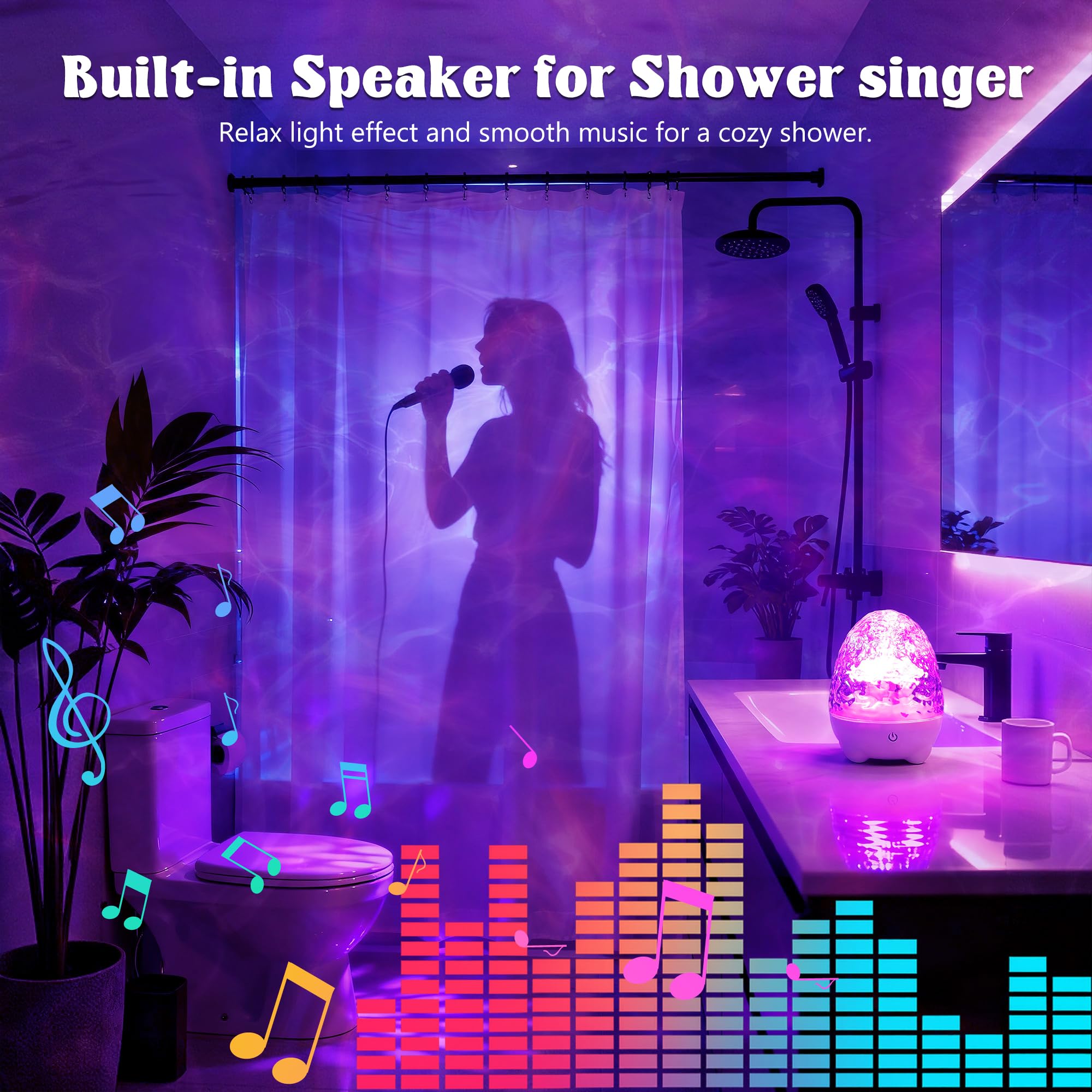 cambk Waterproof Shower Light for Inside Bathroom, Egg-Shape Rechargeable Kids Bath Light, RGBW 13 Color Changing Shower Lamp Ocean Wave Projector Mood Night Lighting