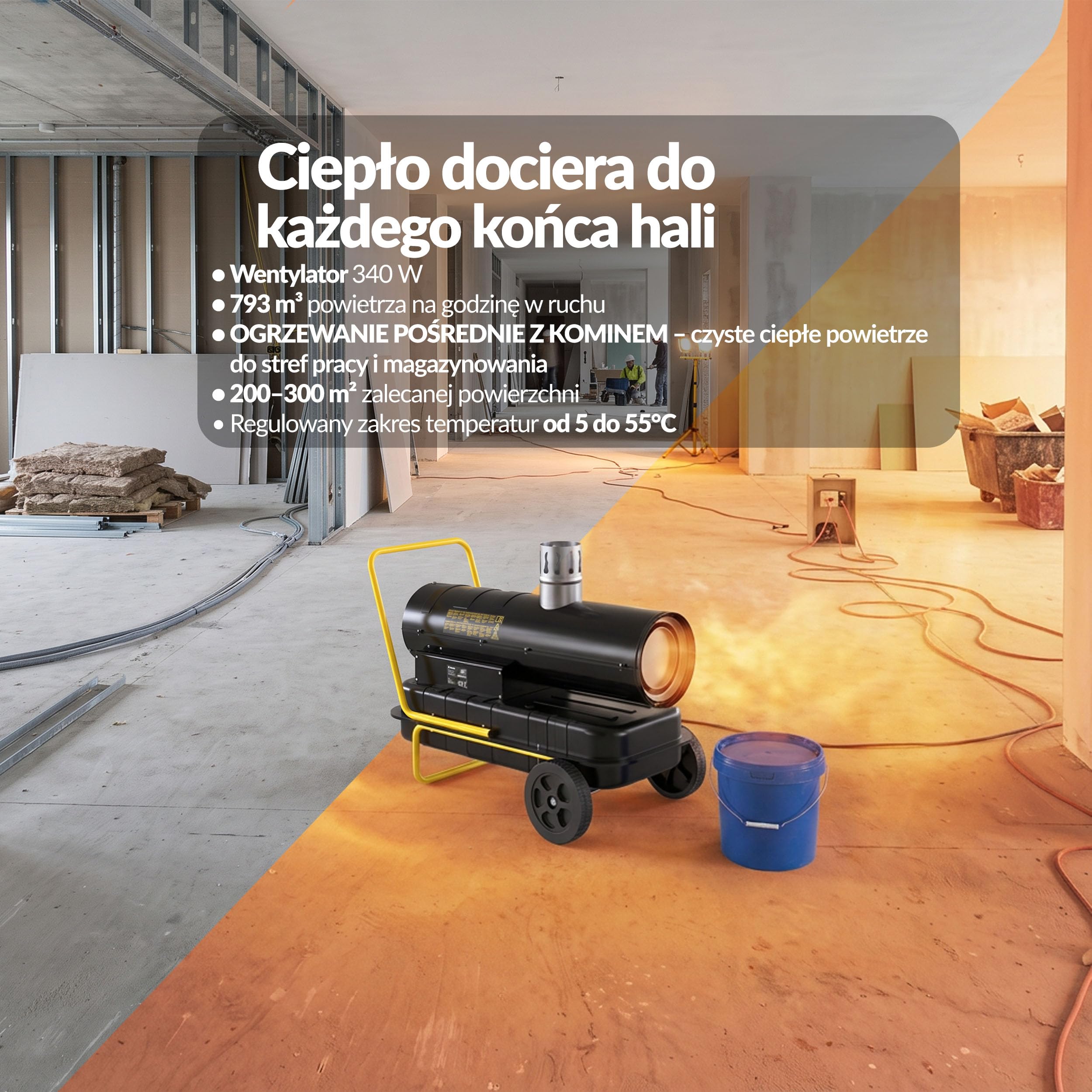 LEHMANN Nagrzewnica Olejowa 30 kW z Kominem, Nagrzewnica Diesla 793 m³/h, Nagrzewnica Nadmuchowa, Budowlana, Pośrednie Spalanie, Termostat, Zbiornik 50 l, Warsztat, Budowa, Magazyn