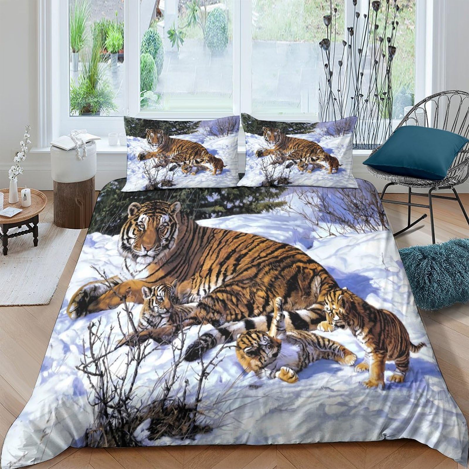 GPLZQXKJNH 3D Printed Tiger Snow Scene Duvet Cover Microfiber Soft Breathable Forest Animal Bedding Set with 2 Pillowcases for Bedroom Home Single（135x200cm）