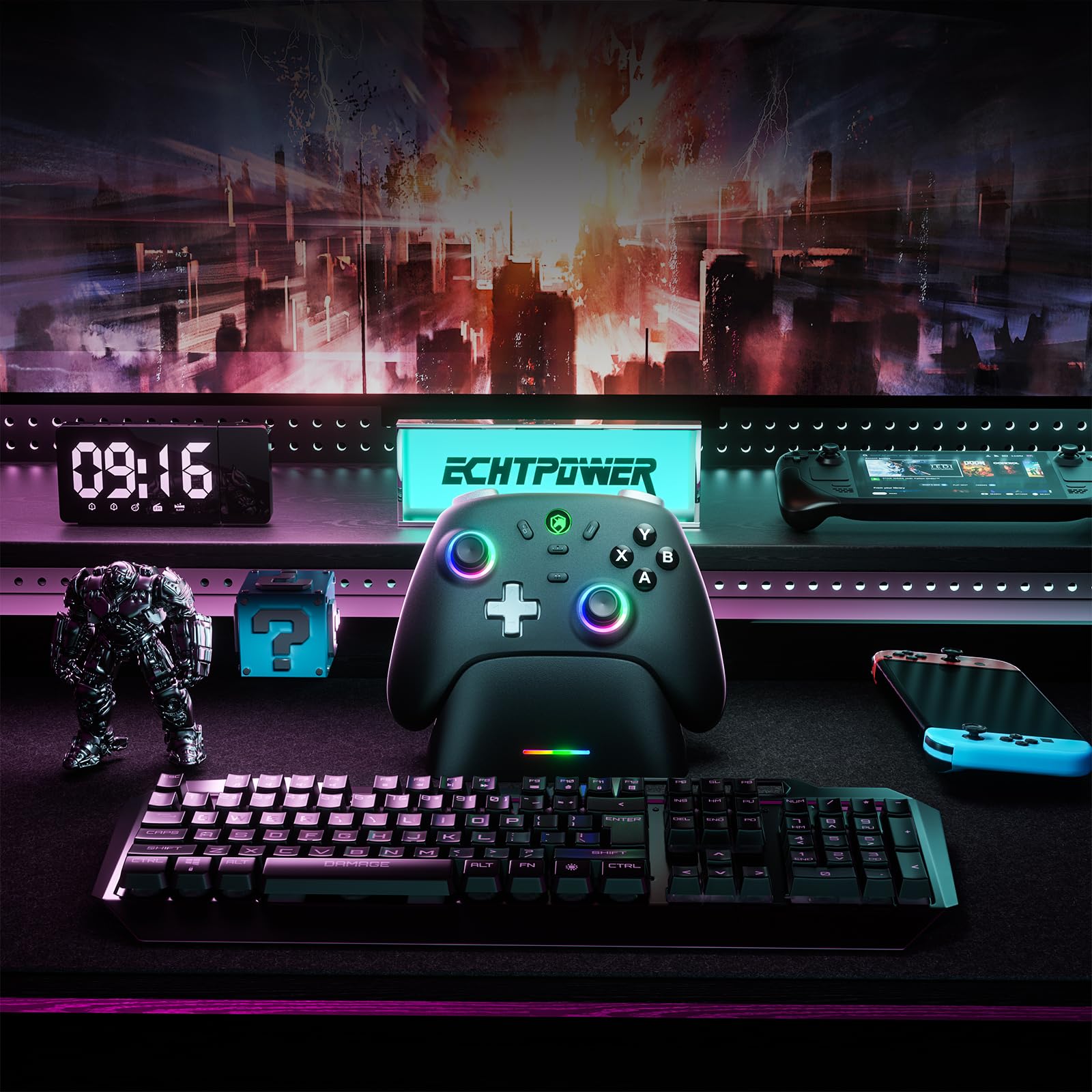 Controller Gaming per PC/Switch con Base di Ricarica, 1000Hz, Hall Joystick, 2.4GHz/BT/Cavo, 800mAh