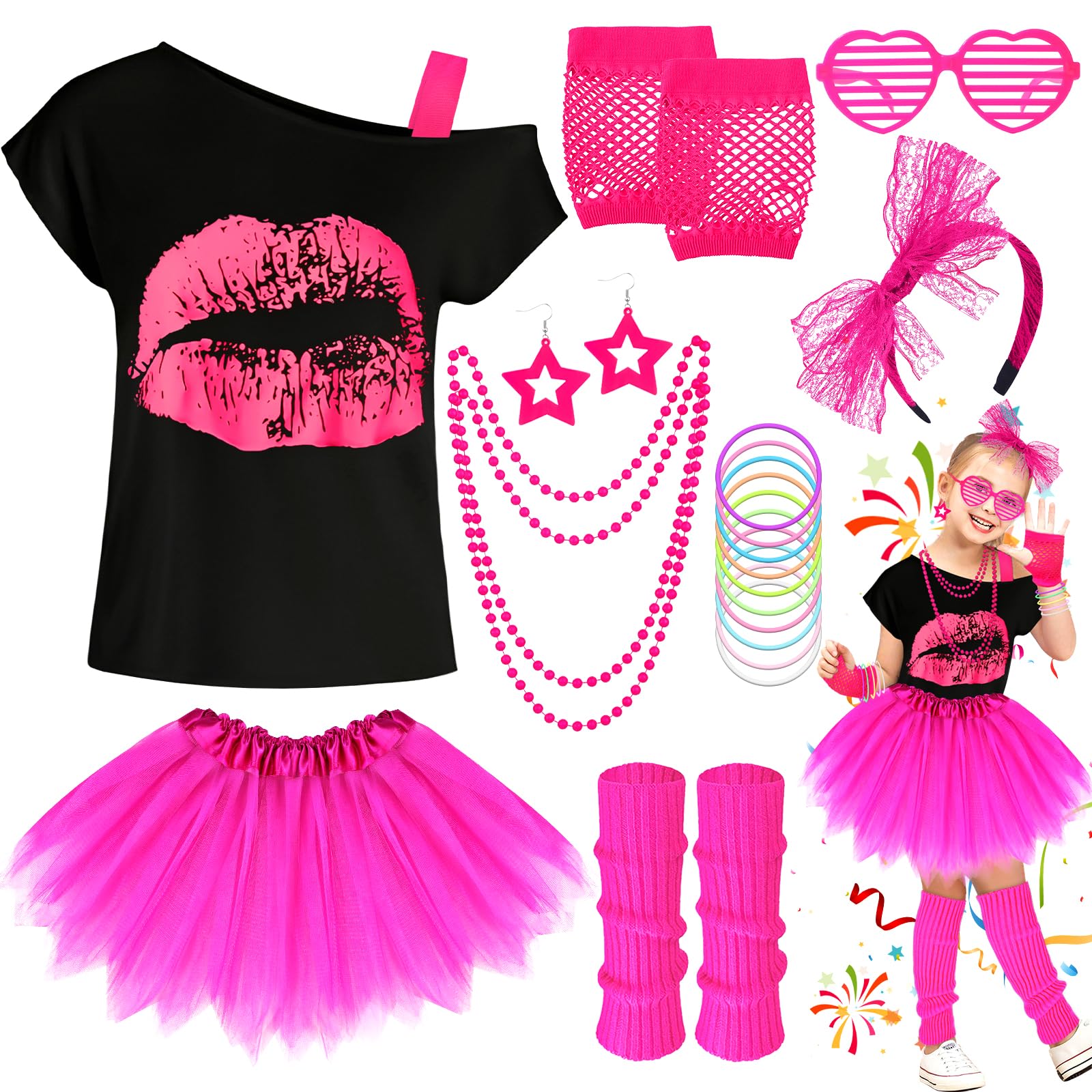 80s Fancy Dress for Kids, 5-12 Years Girls 1980s Neon Party Outfit -T-shirt Tutu and Pink Leg Warmers Fishnet Gloves Bow Headband Earrings Bracelets Necklaces Glasses for Halloween Cosplay(XL)