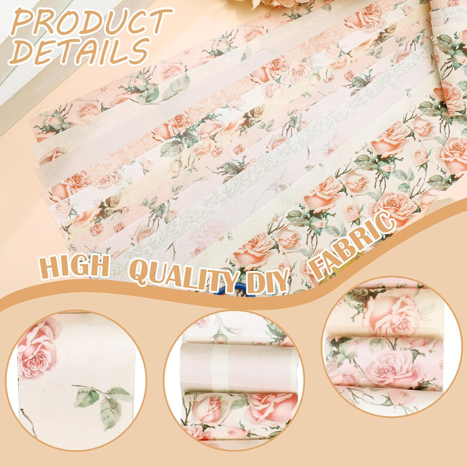Ganeen 100 Pcs Pink Rose Fabric Strips for Quilting 2.56 Inch Vintage Floral Jelly Fabric Bundles Precut Patchwork Roll for Spring Sewing Materials Cloth Craft DIY Blanket Rug Upholstery Purse Making