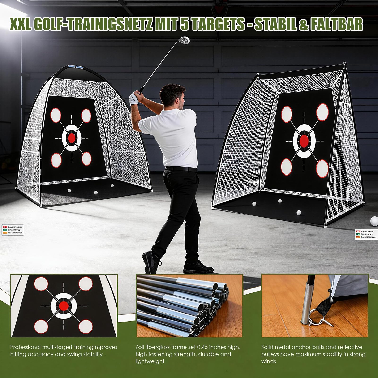 Red de prácticas de Golf con Alfombrilla, Kit de Entrenamiento portátil de 300x200cm con 3 Alfombrillas de golpeo, 10 Pelotas de Golf, Tees y Bolsa de Transporte para Uso en Interiores y Exteriores