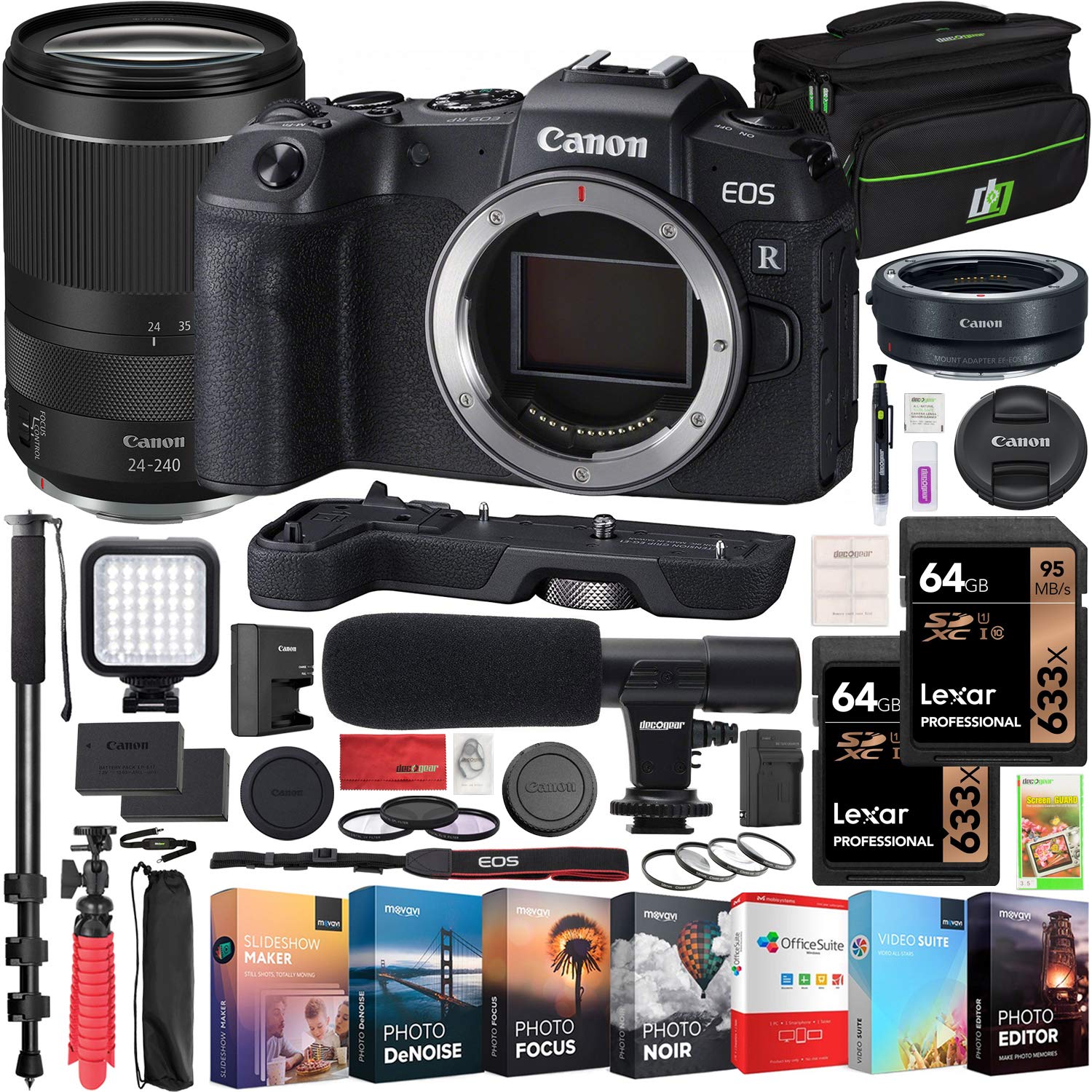 Canon EOS RP Mirrorless Camera with RF 24-240mm F4-6.3 IS USM Lens Kit Bundle with EOS R Lens Adapter, Extension Grip, Condenser Microphone 2 x 64GB Memory Card Editing Software Suite & Accessories