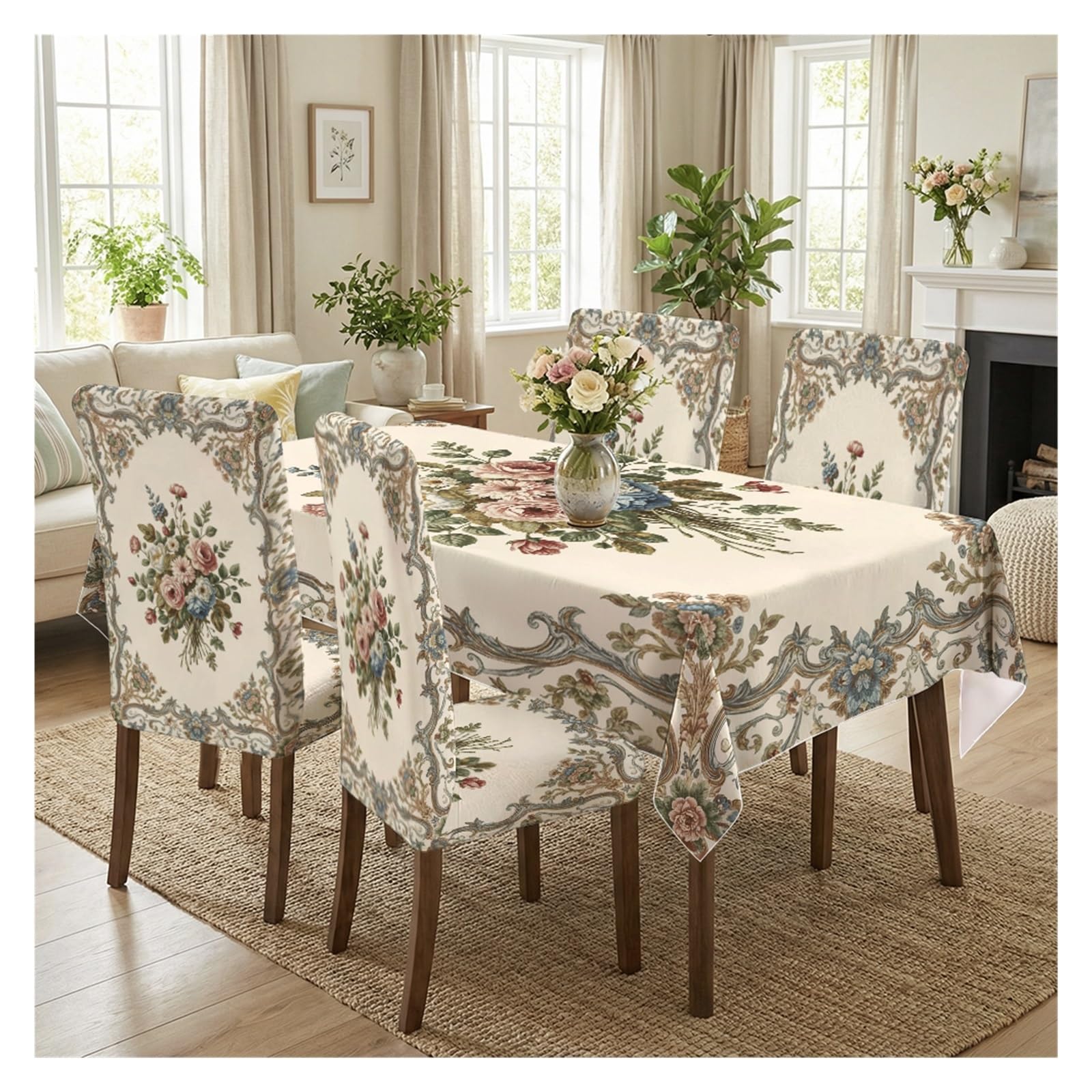 KXUAUV Vintage Baroque Floral Bouquet Tablecloth And Stretch Chair Covers Set For Elegant Dining Room Decor 5/7 Pieces Party Decor(5pcs Set: Tablecloth+Chair Covers)