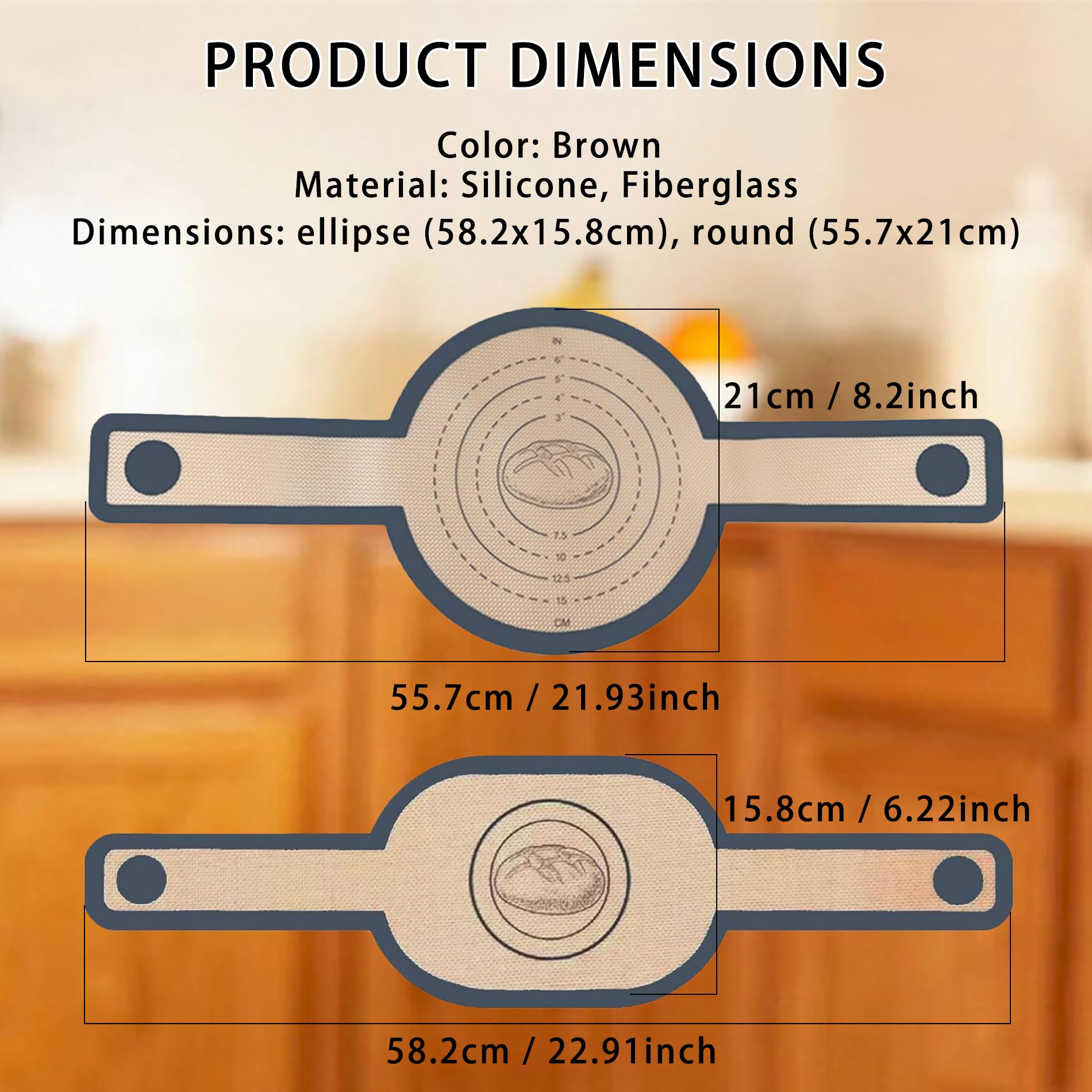 2 szt. mata do pieczenia chleba, z Silikonu Do Kontaktu z Żywnością, Wielorazowego Użytku i Żaroodporna do Dutch Oven, Air Fryer, Blachy do Pieczenia (58,2x15,8cm Elipsa + 55,7x21cm Okrągły, Brązowy)