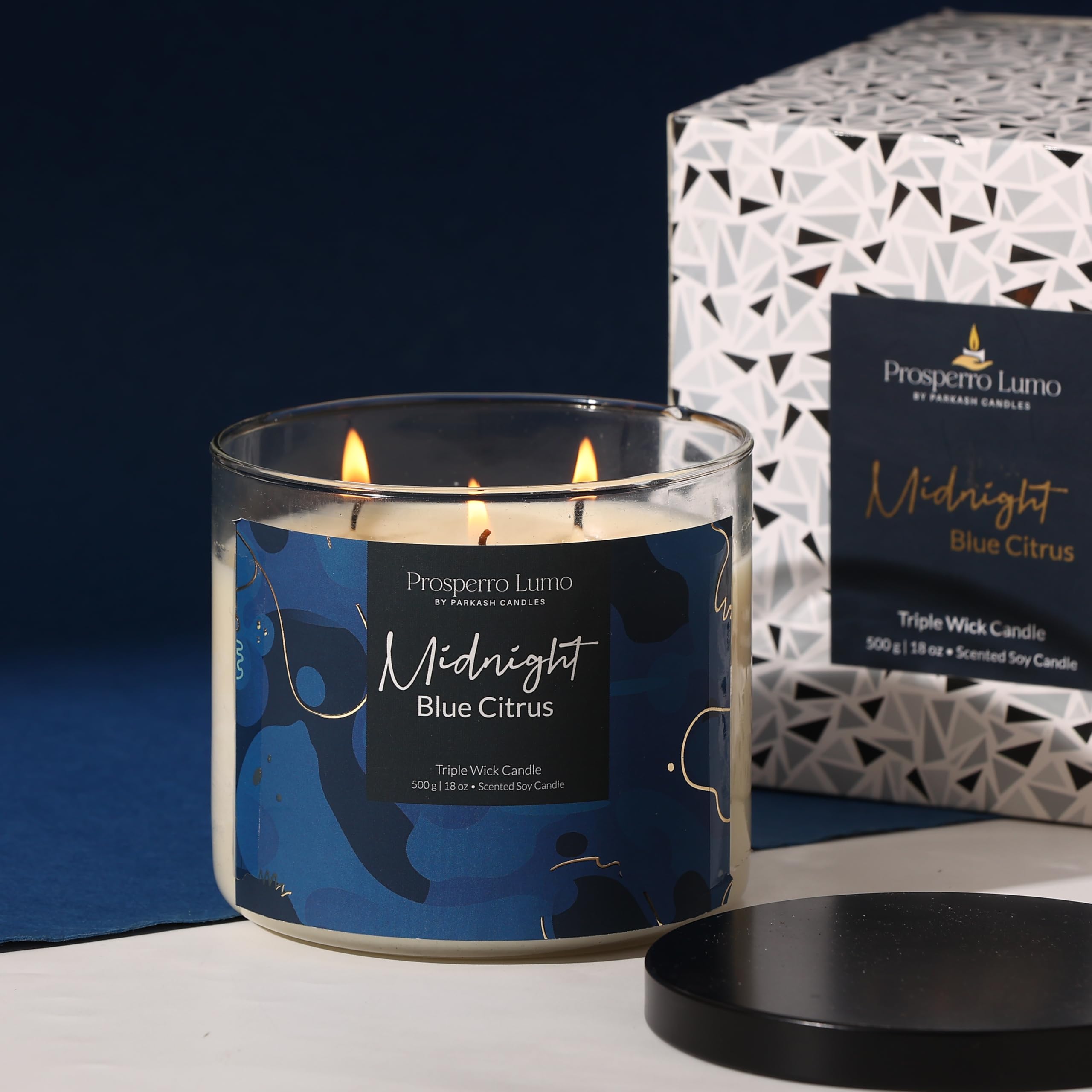 PROSPERRO LUMO by Parkash Candles Premium Scented Soy Wax Candle 500 gm 35-40 Hrs Luxury Aroma Therapy Triple Wick Votive Jar Candle | Scented Candles for Home Decor Gift Set (Midnight Blue Citrus)