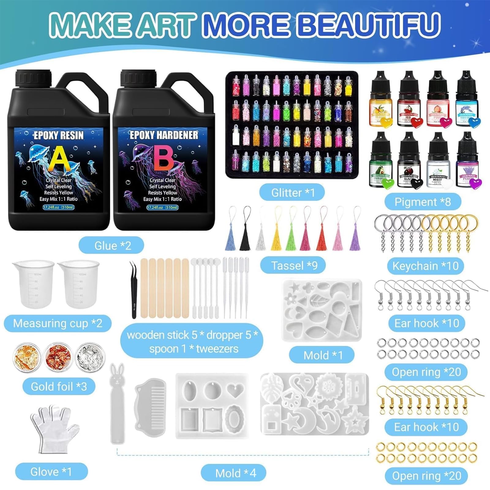 TOSUTO Resina Epoxi Manualidades Kit para Hacer llaveros,Kit de Resina Epoxi,Kit Resina Epoxi Transparente,Resina Epoxi Kit con pintura,hoja de oro, Epoxy Resin para Hacer Llavero,Joyas