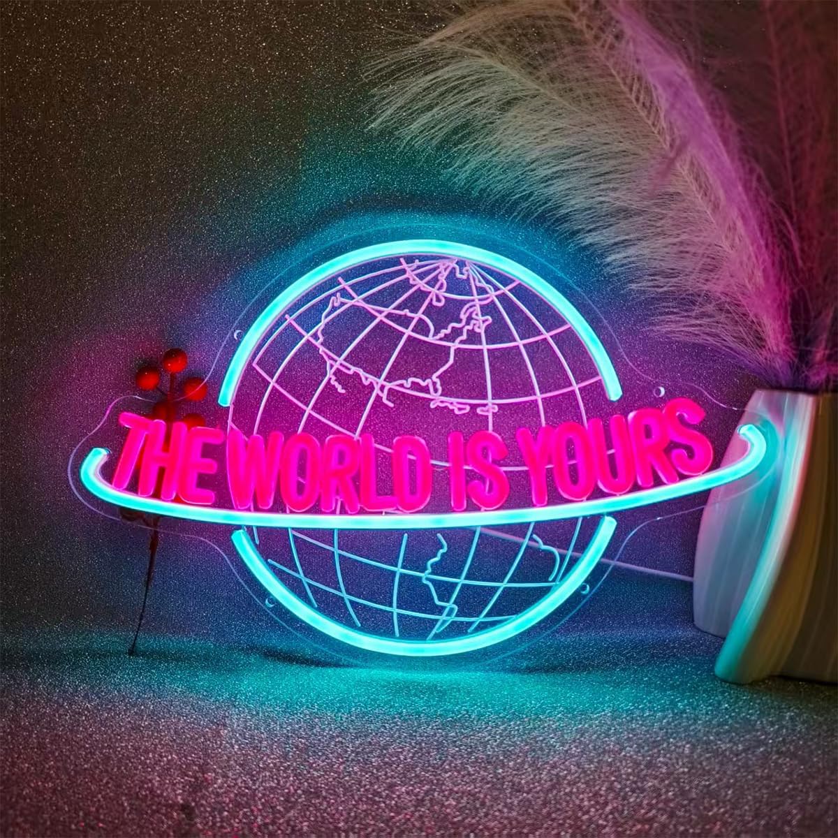 The World is Yours Neon Sign with USB Power Dimmer Ice Blue Pink Planet LED Neon Light for Man Cave Home, Game Zone, Room, Bedroom, Bar, Birthday Gift for Children 16.2 * 10.4 inch