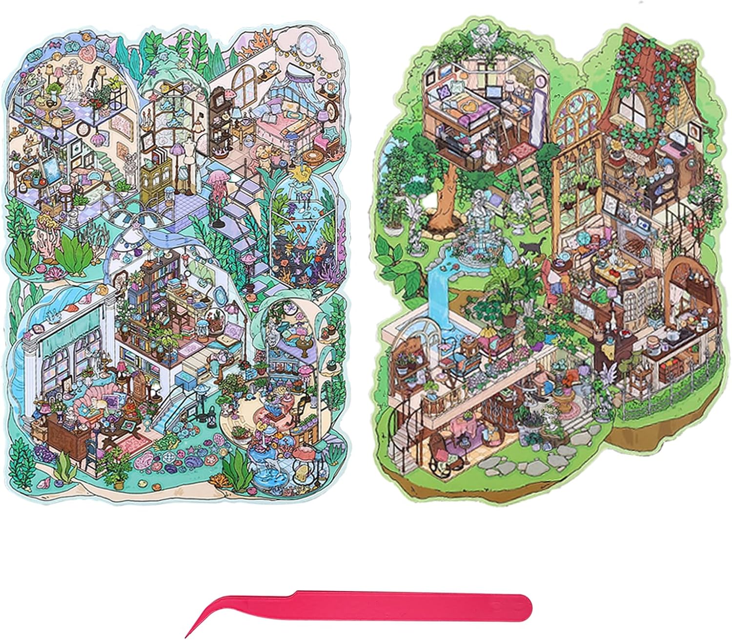 Extra Large Villa Scene Sticker Set, 2 Super Complex House & Room Isometric Miniature Creative Play Kits Include Big Size Background Card with 3D DIY Sticker & Tweezer for Adults Teens Stress Relief