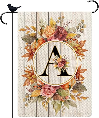 Bandera de jardín pequeña con monograma con letra A, bandera de arpillera para familia, apellido, inicial, 12.5 x 18 pulgadas, bandera floral de
