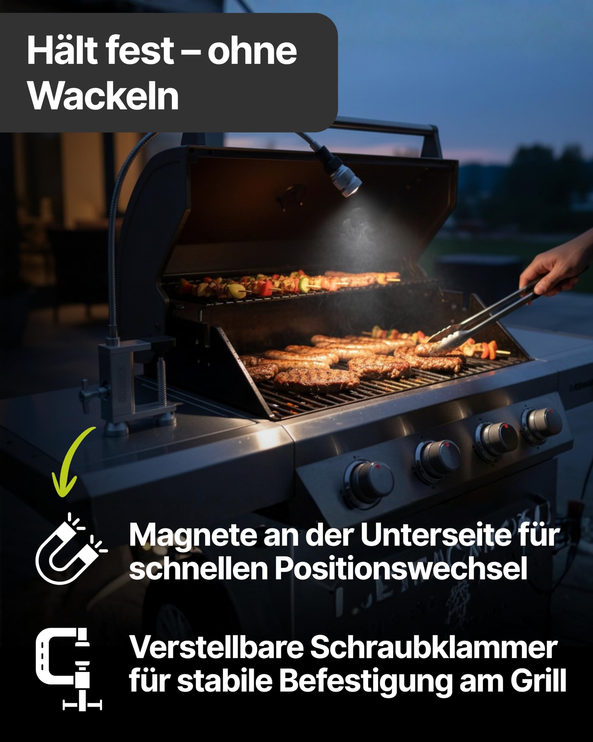 SCHWAIGER Grill-Leuchte I LED Grill Licht mit flexiblem Schwanenhals I hitzebeständige Grillbeleuchtung mit Klemme & Magnet I batteriebetriebene Grilllampe I Licht für BBQ