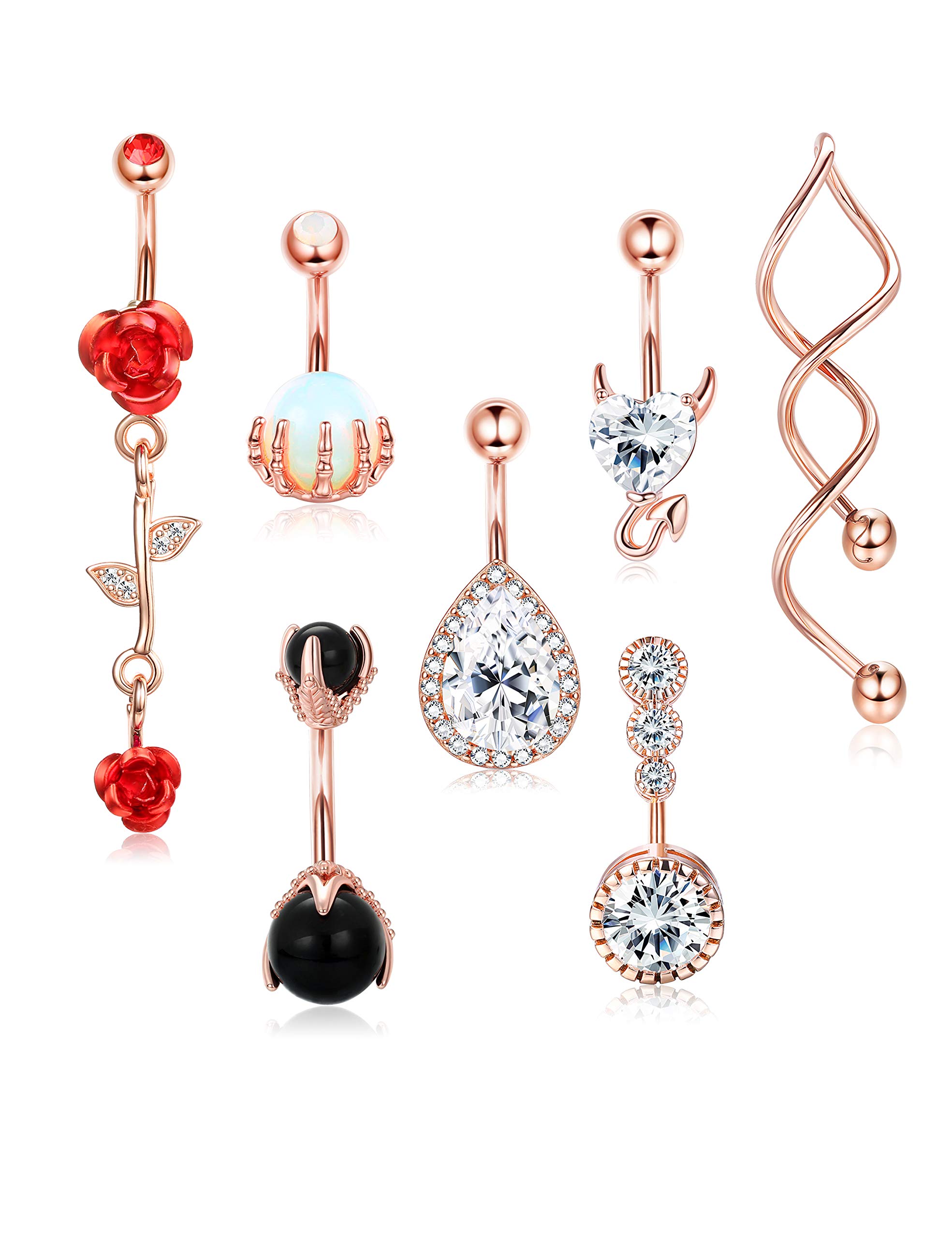 Kakonia 14G 316L de acero inoxidable cuelgan del ombligo Bar para las mujeres claras CZ inversa Rose Flower Navel Rings curva Barbell Body Piercing Joyería