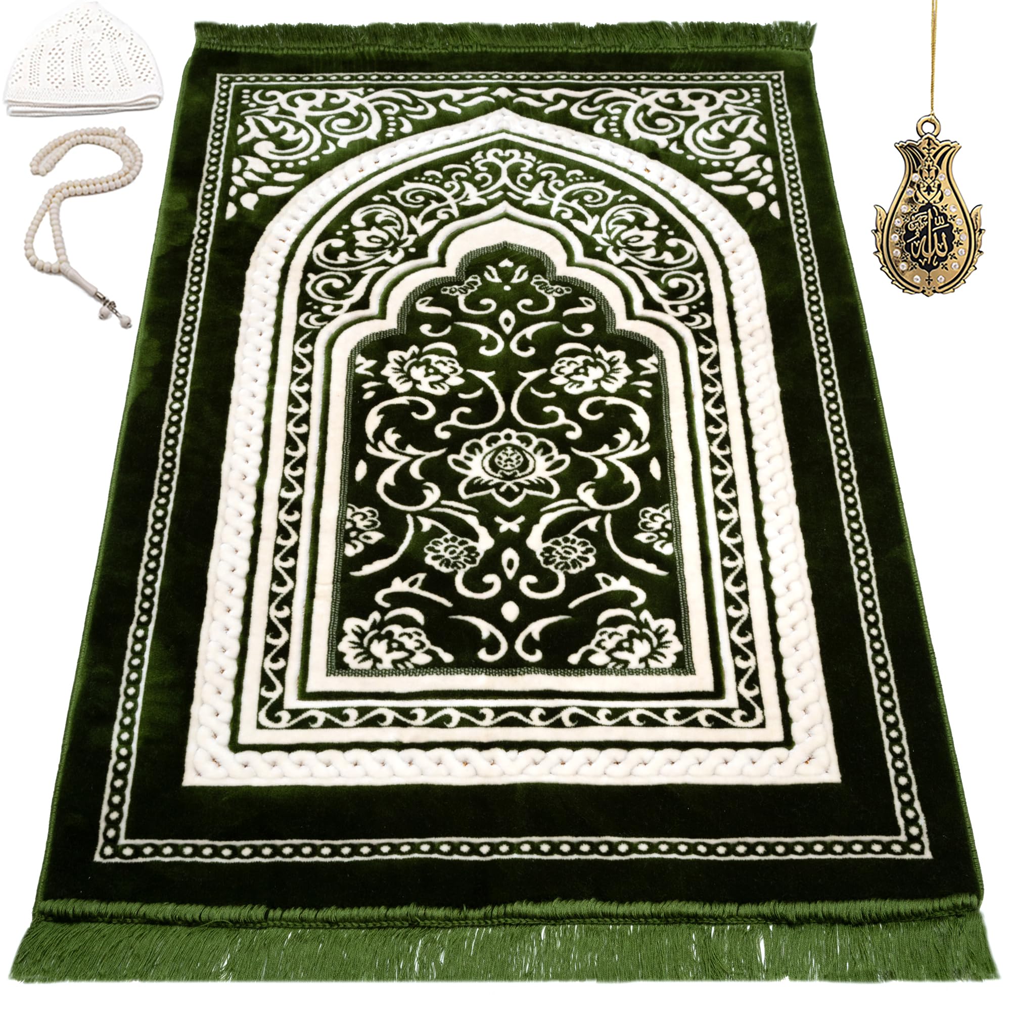 Modefa Turkish Islamic Velvet Prayer Rug - Thick & Wide Soft Praying Carpet for Men & Women - Eid & Ramadan Gift - with Kufi Cap, Beads & Car Hanger - Double Plush (Floral Arch - Green)