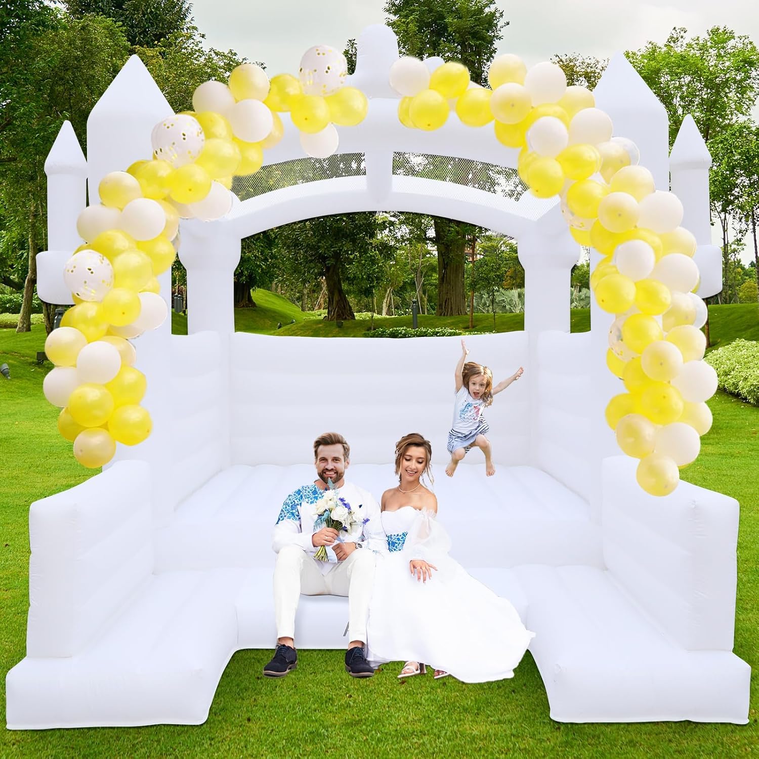 Castillo Hinchable Blanco casa de Rebote Castillo Inflable para niños 415×413×315 CM cm, con Trampolín Soplador Adecuado para Bodas Fiestas de cumpleaños Infantiles