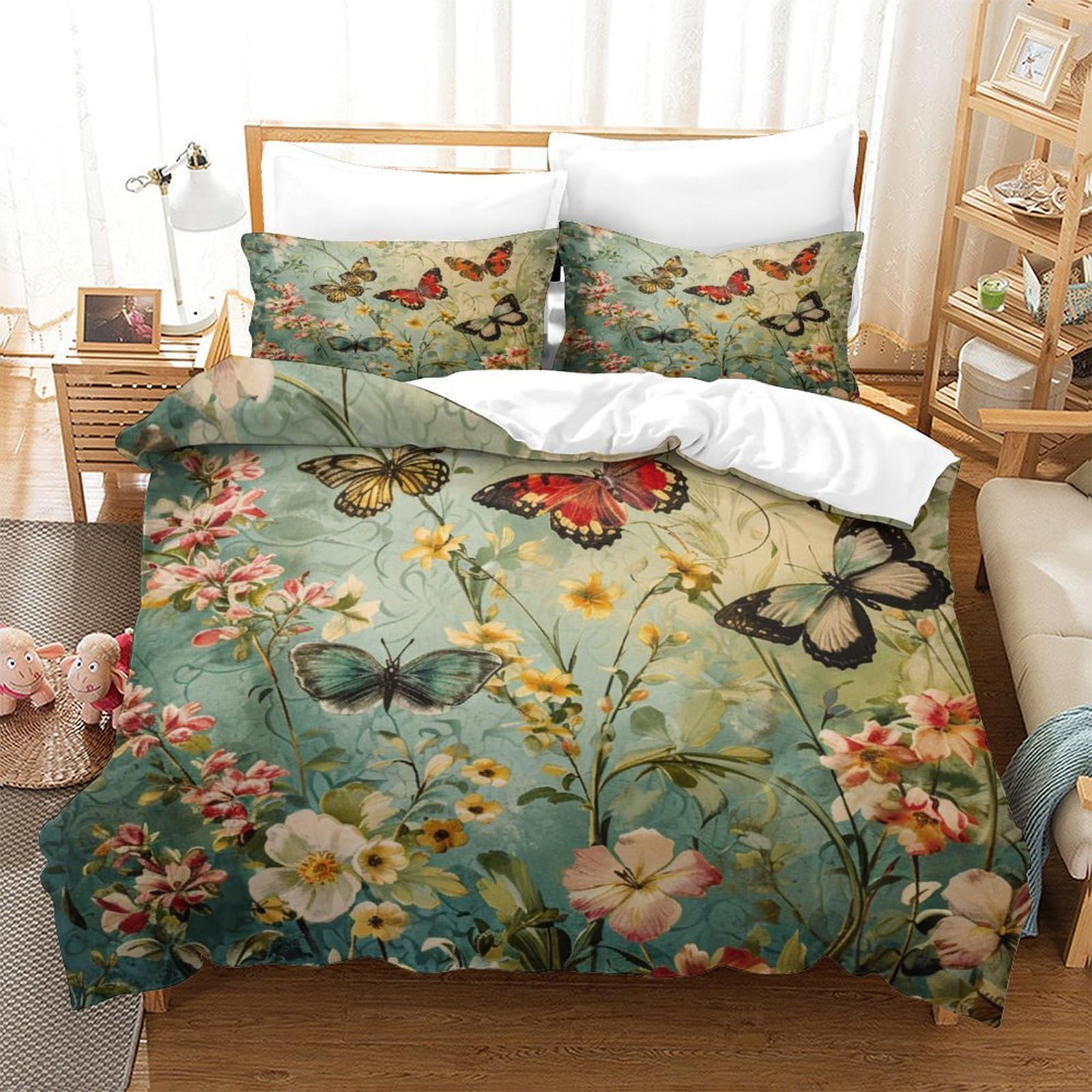P1S9U7W5Y Chic Butterfly Floral 3D Printed Microfiber Duvet Cover Set 3 Pieces Bedroom Decor Nature Butterfly Bedding Set for Adults Teens Home Use King（220x240cm）