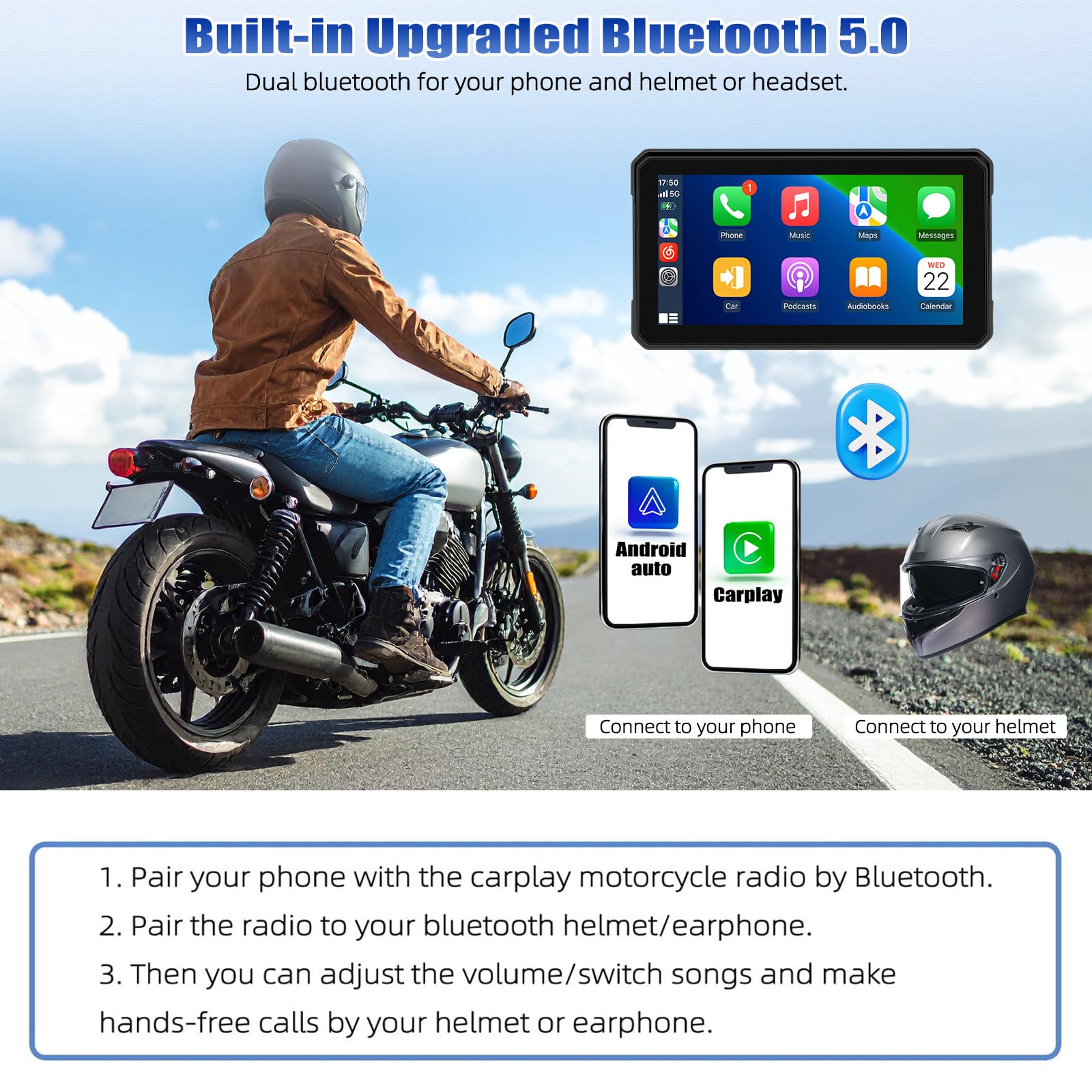 [2026] CAMECHO 6 Zoll Wireless Motorrad-Carplay Android Auto, IP68 Wasserdicht HD 1440 * 720 Touchscreen Bildschirm Navi Display für Motorräder mit Dual Bluetooth 5.0 + Airplay Android Cast