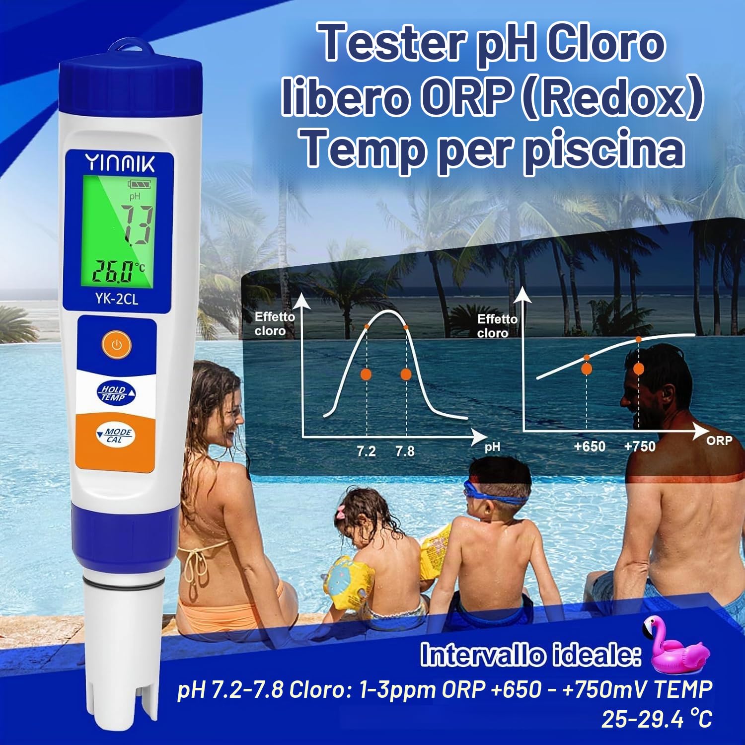 YINMIK Misuratore Digitale pH Cloro Sale per Piscine | Misura ppm, EC/TDS/ORP, Per Idroponica, Per Acquari, Per Acqua Potabile