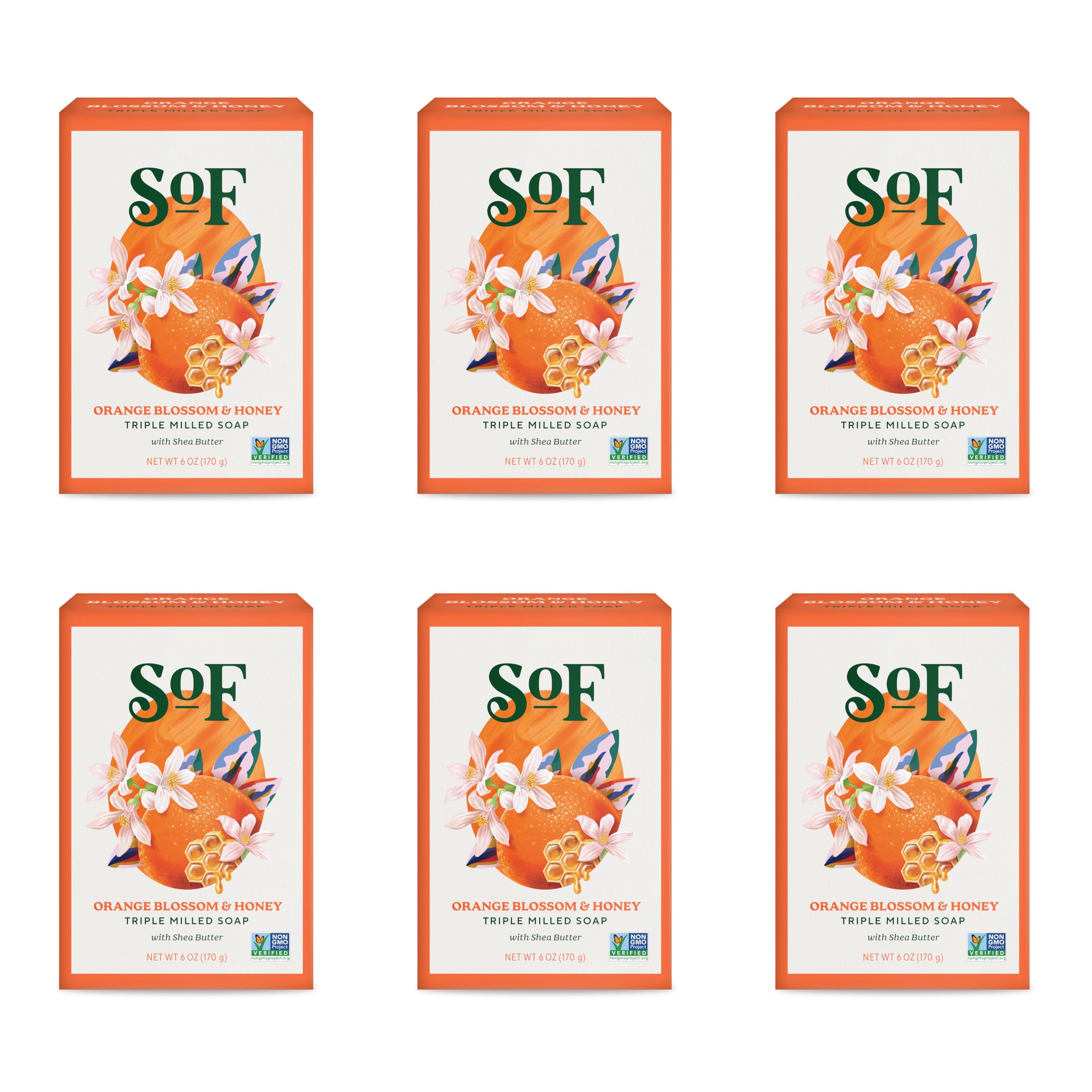 SoF Triple Milled Bar Soap - With Coconut Oil & Organic Shea Butter- Vegan & Non GMO- Free From Phthalates, Sulfates & Parabens- Orange Blossom & Honey - 6 oz Bar 6 Bars