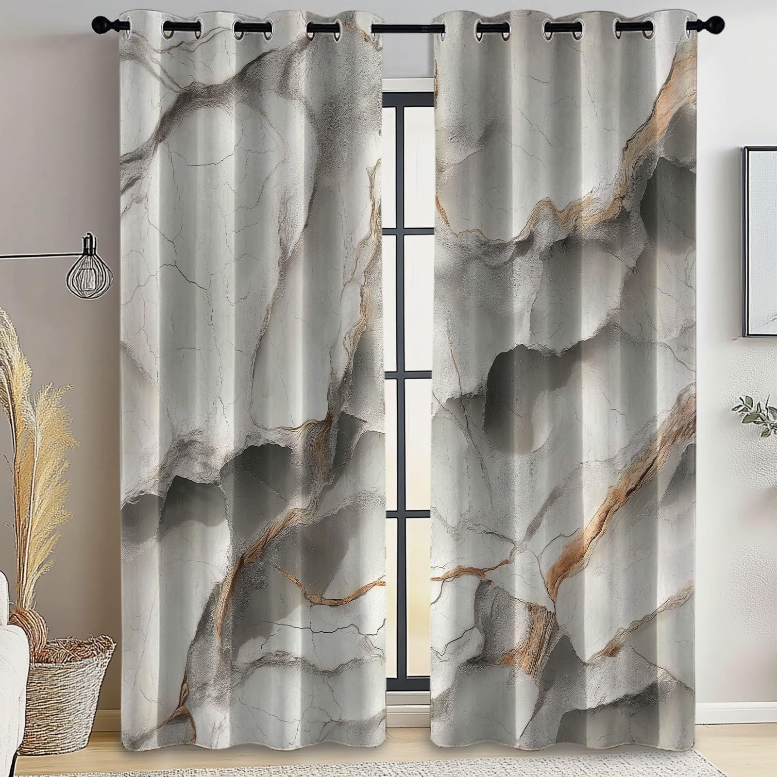 Isolant Anti-Froid Épais, Rideaux Thermiques 91.5L X 160H cm (2 Panneaux), Plis De Marbre Abstraits pour Chambre d'enfant, Gris Clair