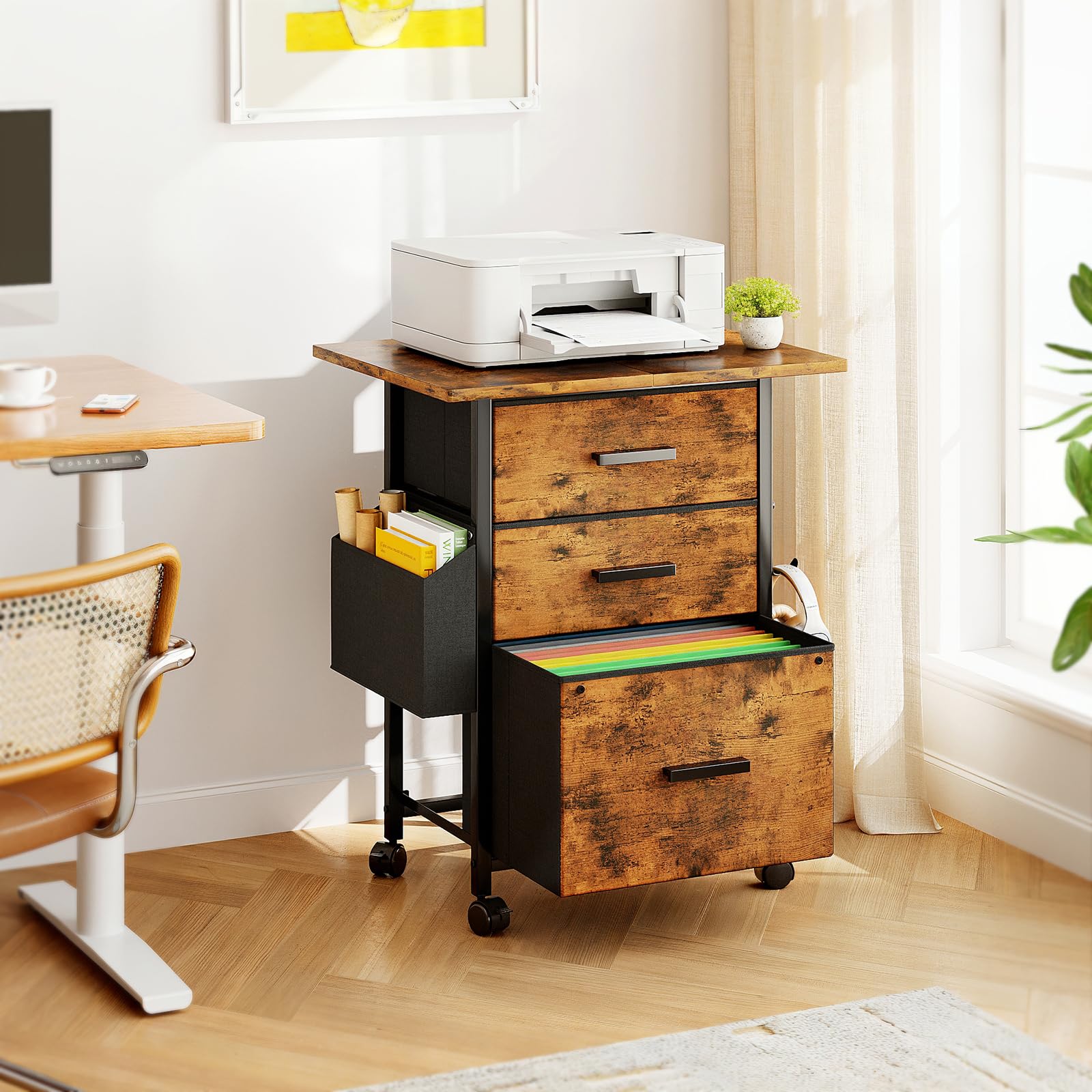 CAIYUN Meuble de classement à roulettes, avec 3 tiroirs et roulettes, pour Documents A4, Format Lettre, Support d'imprimante avec Une Largeur de Table de 56 cm, Design Industriel, Marron Vintage