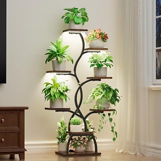 EVAWOO 8-Tier Indoor Plant Stand with Full-Spectrum Grow Lights, 49" Corner Shelf for Living Room & Balcony, Black