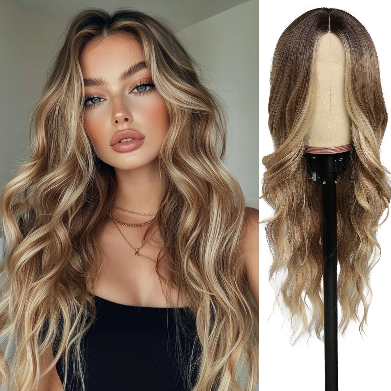 Peluca larga rubia para mujer, parte media, pelucas onduladas rubias degradadas, de aspecto natural, pelucas de fibra sintética resistente al calor, para uso diario en fiestas (26 pulgadas)