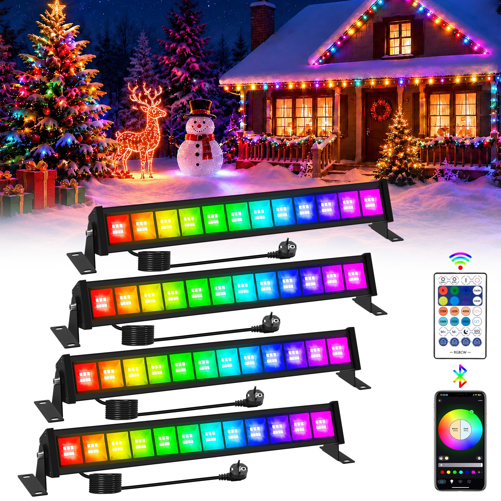 50W Projecteur LED Couleur Barre, T-SUNUS Projecteur RGB Extérieur WIFI avec APP Bluetooth et Télécommande, Barre Lumineuse Multicolore, Minuterie Étanche IP66 pour Jardin Terrasse Fête Noël 4 Pièces