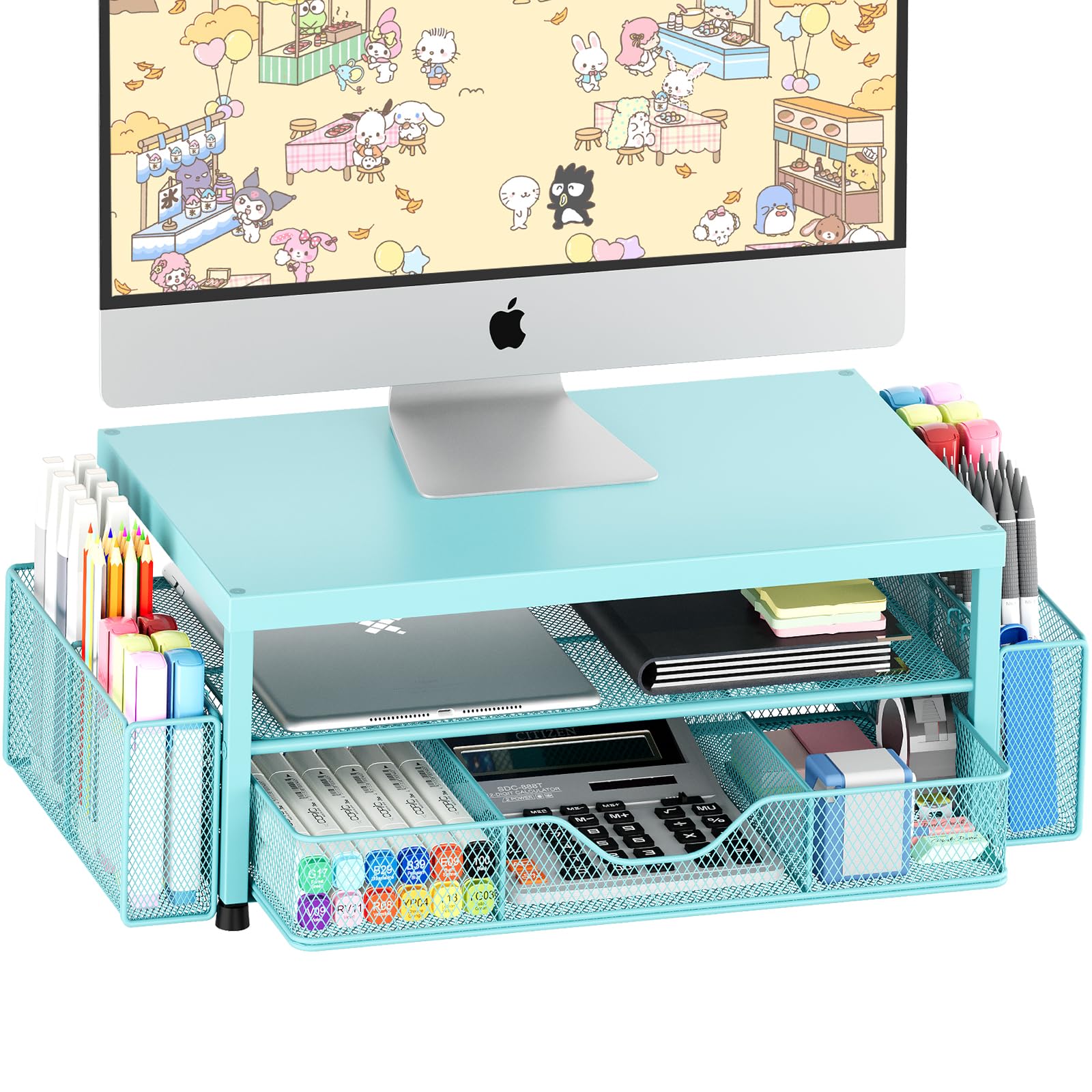 OPNICE Desk Organizer and Accessories, 2-Tier Computer Monitor Stand Riser with Drawer and 2 Pen Holders, Laptop Stand, Office Desk Accessories for Office Supplies, Teal Blue