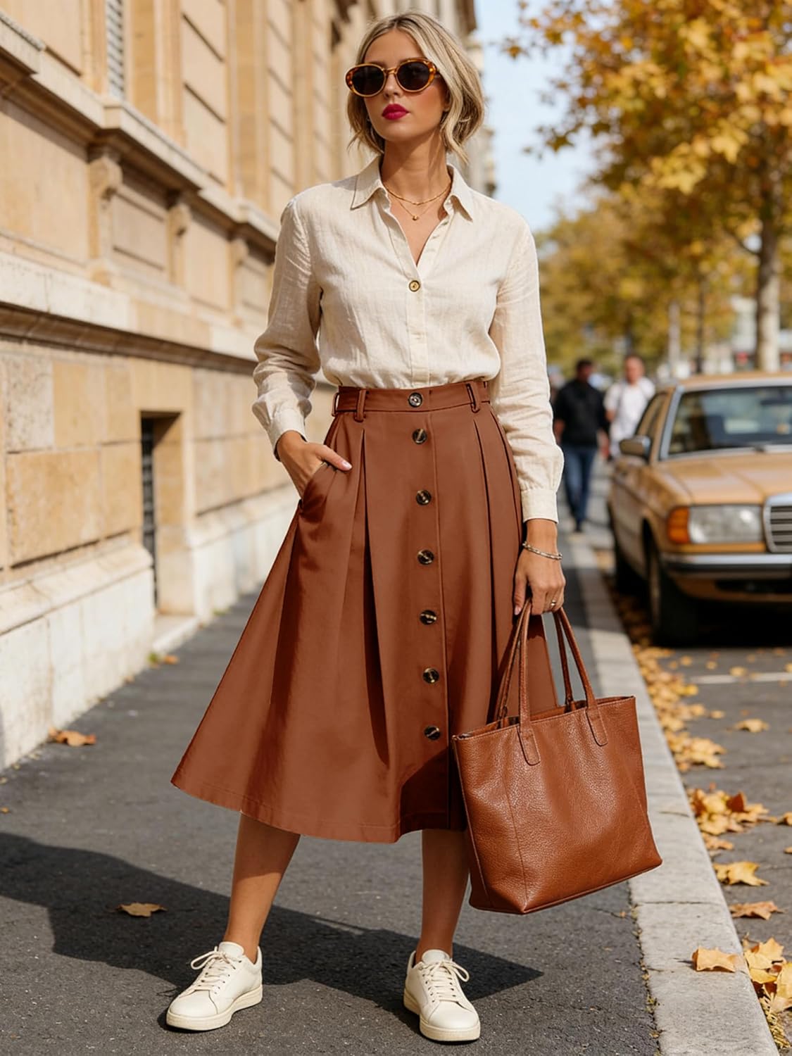 HERBATOMIA Pleated A-line Midi Skirt Elastic Waist Button Front Casual Flared Long Skirts with Pocket for Women